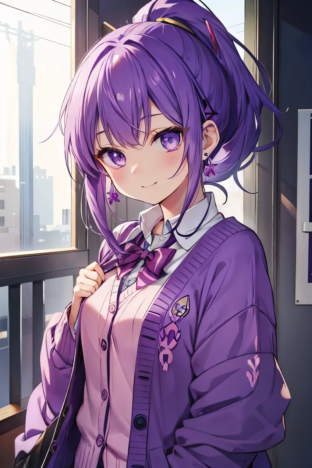 purple hair purple eyes、 girl、small breasts、ponytail、smile、gal girl、wearing cute earrings、uniform、knit cardigan、With eye highlights、Cute Hairpins、The whole body is visible、going to school in the morning
