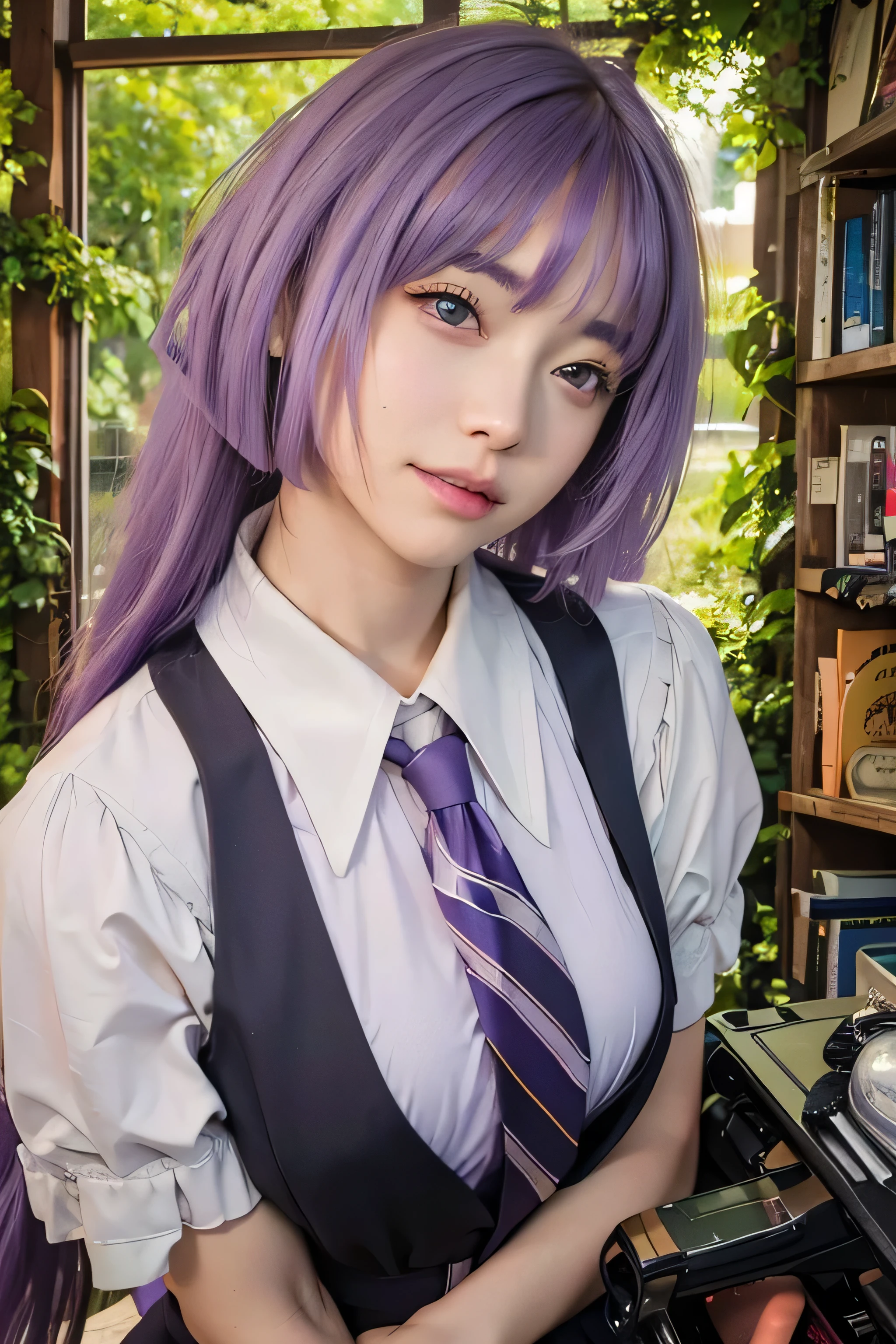 masterpiece, best quality, (realistic,photo-realistic:1.4), (RAW photo:1.2), extremely detailed CG unity 8k wallpaper, delicate and beautiful, amazing,finely detail, official art, absurdres, incredibly absurdres, huge filesize, ultra-detailed,extremely detailed eyes and face,light on face,sumire kakei,(little smile),(purple hair:1.4),(long hair:1.6),(formal uniform:1.4),office,necktie,office