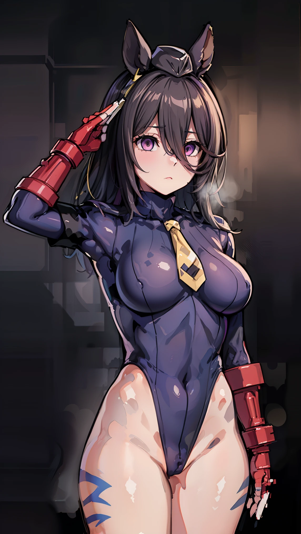1 girl,NSFW,manhattan cafe ,(Uma Musume),clavicle, absurd, brainwashing,Combatant, empty eyes,((purple glowing eyes 1.5)), huge breasts , No expression, emotions removed,(black shadaloo suit),look away , whole body shape, ((stand up, salute)),(highest quality、4k、8K、High resolution、must have:1.2)、Super detailed、(reality、It's realistic、realistic:1.37)、ticker、hyper hd、studio lighting、ultra definition paint、sharp focus、Physically based rendering、extreme details、Professional specifications、vibrancy and color、blurry、sports portrait、landscape、horror style、anime big breasts、SF、photograph、concept artist、five fingers, perfect body, {{{masterpiece}}}, {{{highest quality}}}, {{Super detailed}}, {shape}, {{very delicate and beautiful}},Improved cost performance、all roles、Canon 5D MK4でphotograph、photograph,