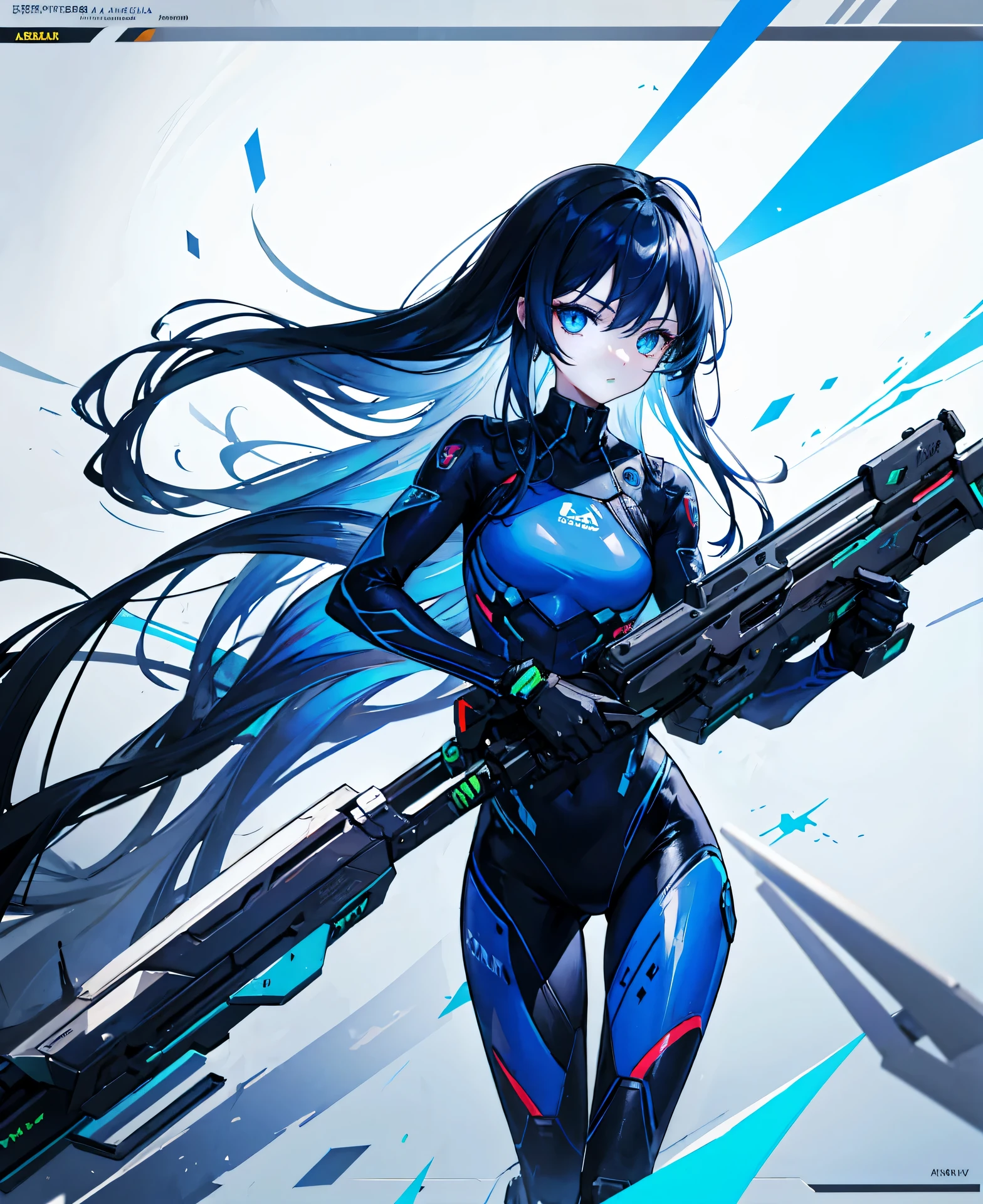 no background，girl，carry a firearm，Enamel style tight suit，use of firearms，dark blue long hair，attention arousal，blue colored eyes,no gradation