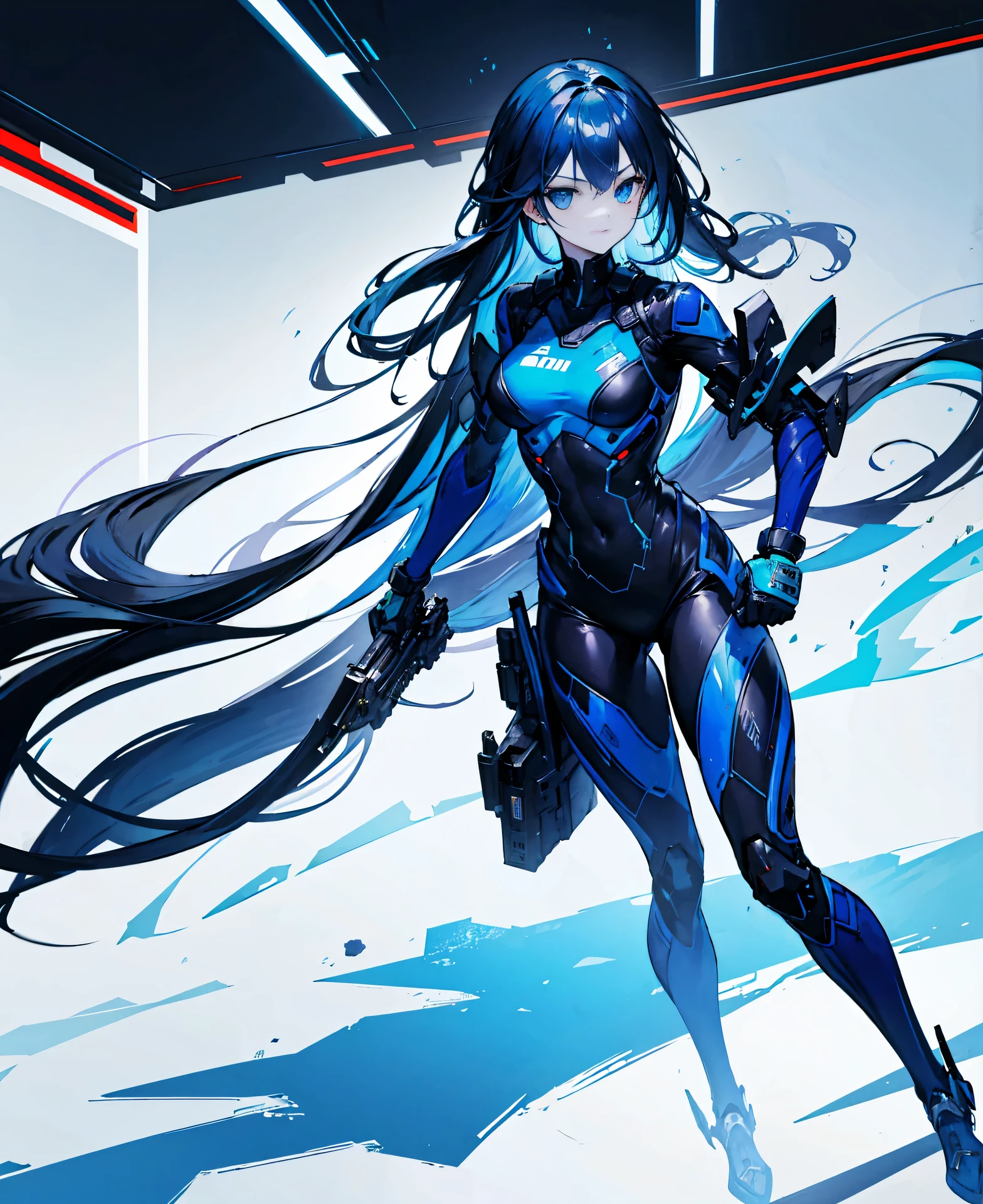 no background，girl，carry a firearm，Enamel style tight suit，use of firearms，dark blue long hair，attention arousal，blue colored eyes,no gradation