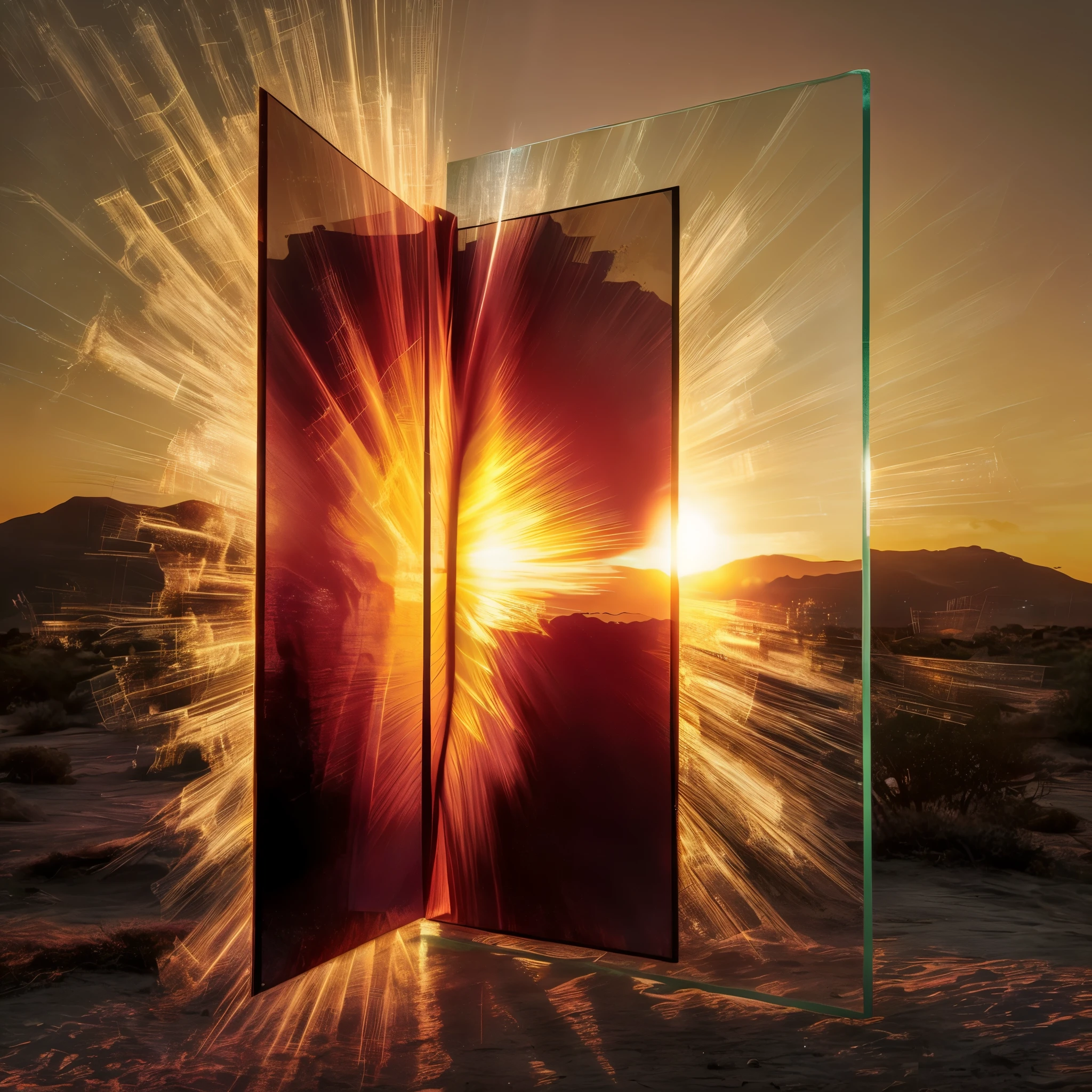 arafed image of a large mirror with a sun setting in the background, doors that are cosmic portals, marc adamus, otherworldly visuals, artist unknown, awe - inspiring award - winning, beeple and mike winkelmann, doors of perception, beeple and jean giraud, refracted sunset lighting, portal to another universe