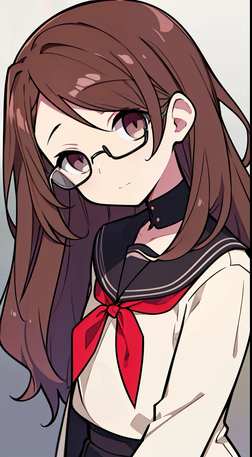 (highest quality、masterpiece:1.2) ((1 girl)) brown hair、black eye、messy hair、elegant (school uniform) (flat chest) (Glasses)beautiful eyes、beautiful hair、beautiful and well-shaped face、dark look
