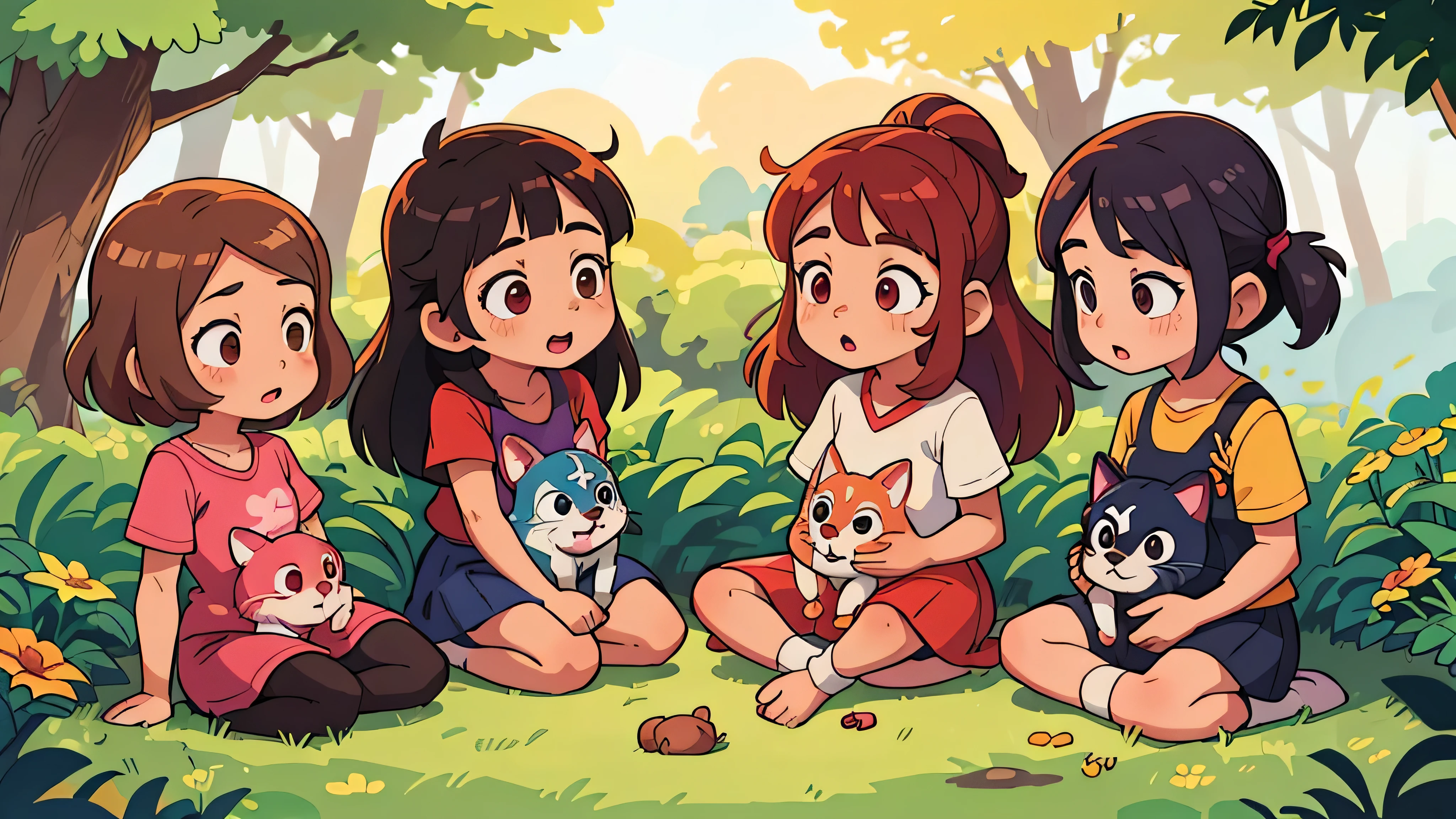 They learn about responsibility by caring for the family pets. - (Two brunette twins, de 5 anos, roupas rosa) Elas aprendem sobre as cores enquanto pintam e exploram o mundo ao seu redor. (twin 11 year old girls)