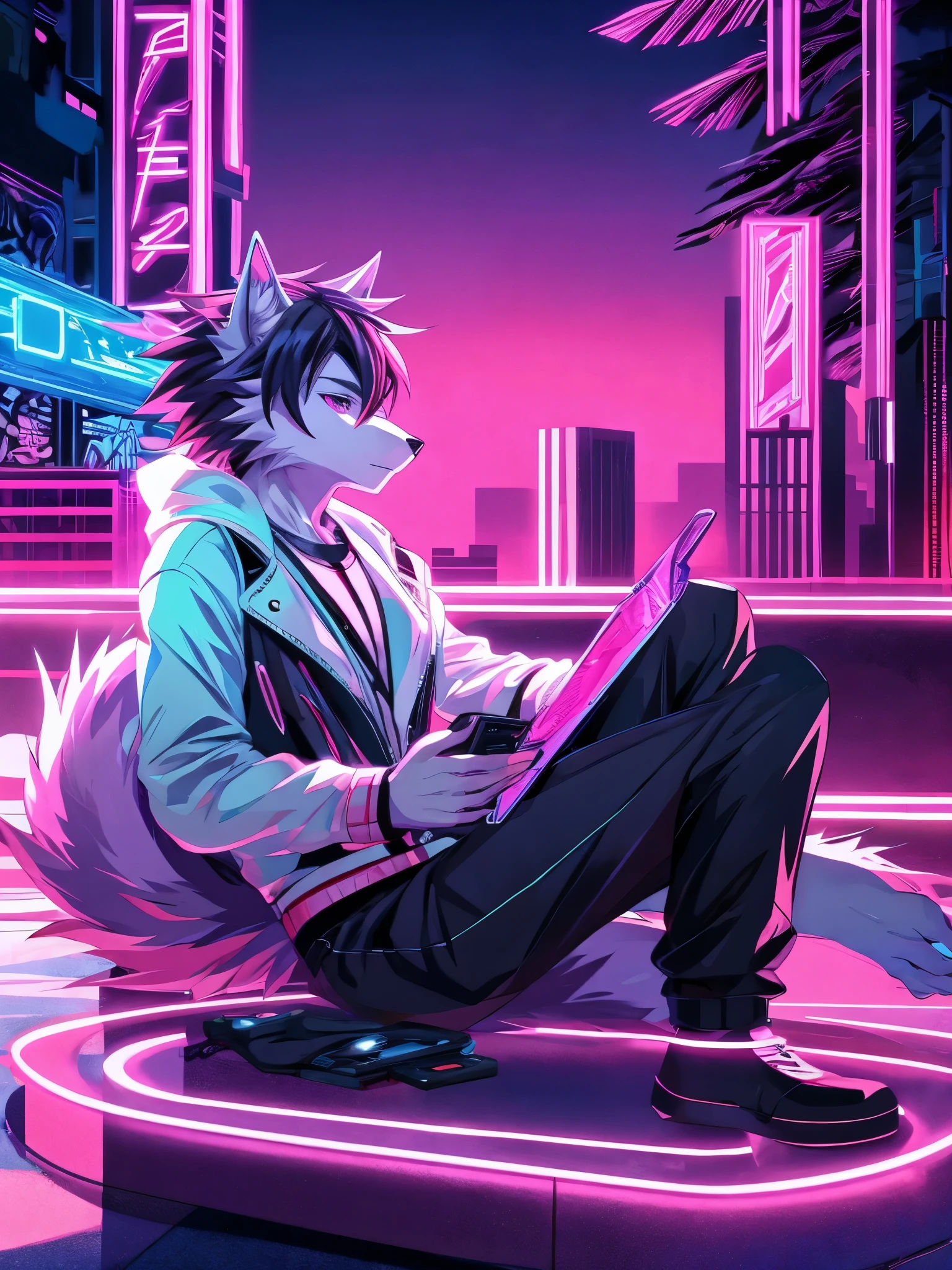 anime characters style picture of a wolf man playing a video game in a room with a video game, jen bartel, outrun art style, [ synthwave art style ], [ synthwave art style ], synthwave art style ], art deco outrun anime aesthestic, outrun style, synthwave art style, synthwave art, epic retrowave art, lofi artstyle, anime style 4 k, inspired by Liam Wong, anime style. 8k, 4k anime wallpaper, anime art wallpaper 8 k, 2 d art, 2d art, badass anime 8 k, by Yuumei, anime art wallpaper 4k, (Wolf Tail)