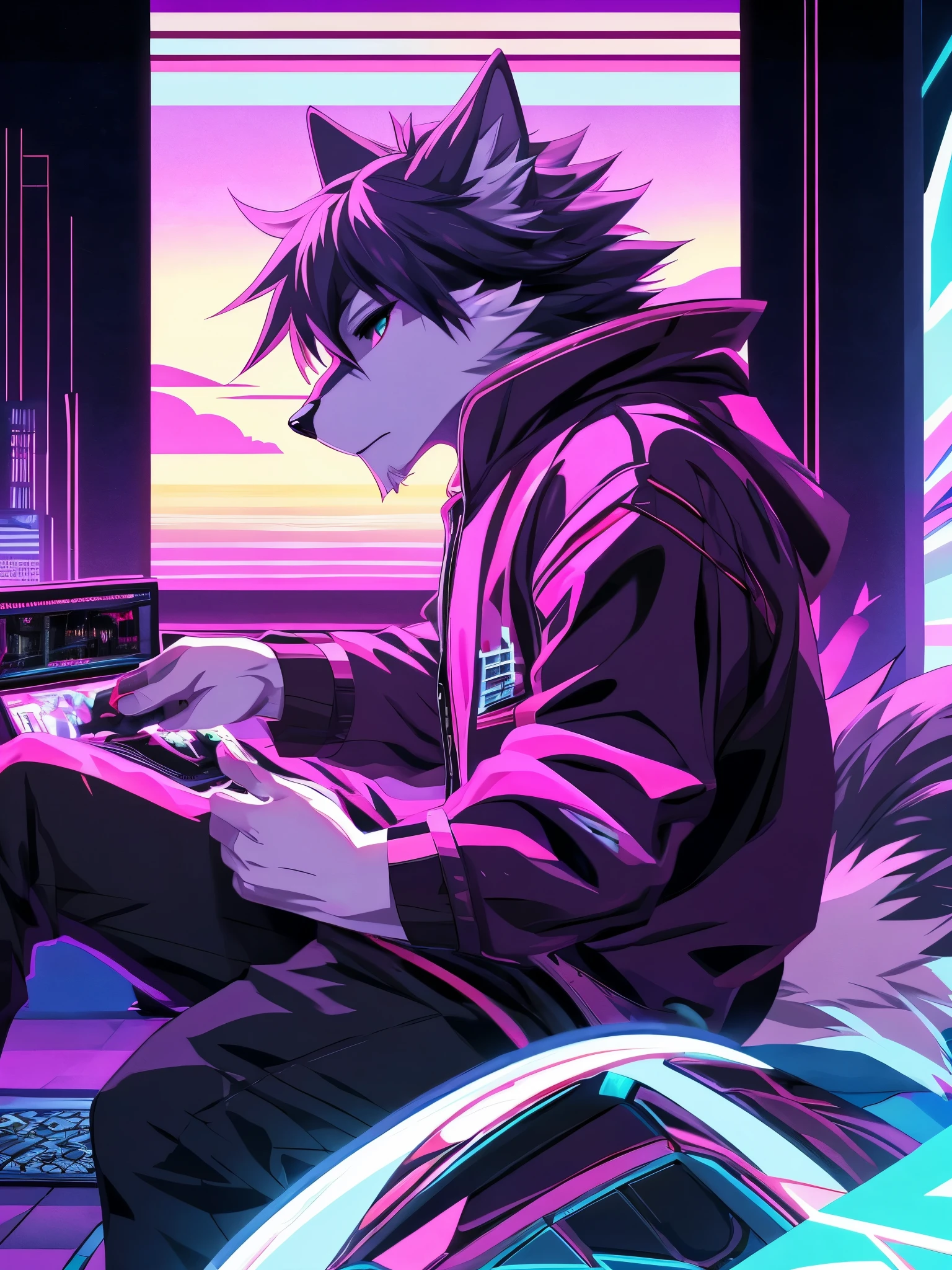 anime characters style picture of a wolf man playing a video game in a room with a video game, jen bartel, outrun art style, [ synthwave art style ], [ synthwave art style ], synthwave art style ], art deco outrun anime aesthestic, outrun style, synthwave art style, synthwave art, epic retrowave art, lofi artstyle, anime style 4 k, inspired by Liam Wong, anime style. 8k, 4k anime wallpaper, anime art wallpaper 8 k, 2 d art, 2d art, badass anime 8 k, by Yuumei, anime art wallpaper 4k, (Wolf Tail)