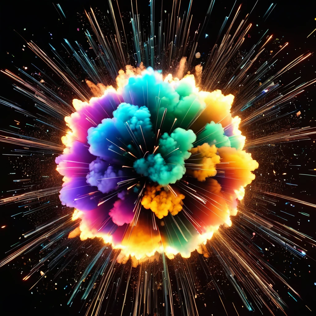 an explosion between two neutrons, very detailed, 8k quality, light trails and thousands of pieces of different colors that scatter after the explosion, a stop-frame image.