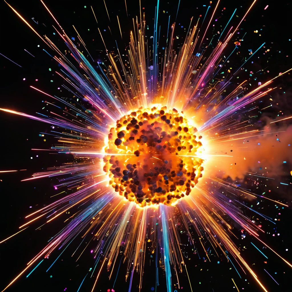 an explosion between two neutrons, very detailed, 8k quality, light trails and thousands of pieces of different colors that scatter after the explosion, a stop-frame image.