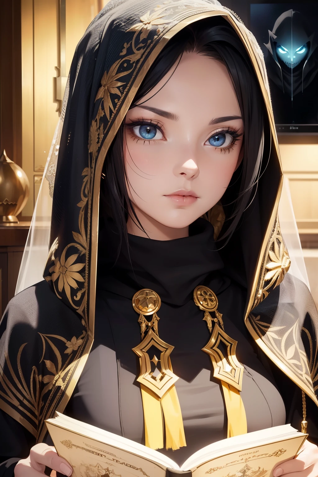 (Close-up: 1.1), (High Definition: 1.5), (HDTV: 1.4), cinematographic lighting, Ultra HD, Detailed facial features, Elegant golden skin, Female necromancer wearing a hoodie, Dark makeup, Anti-aliased edges, (Lost grimoire: 1.3), Marigold accessory, Humanized character design, PFP image, (Veil: 1.2), NPC interactive, Adoptable pet, Trustworthy and judicious expression.
In this prompt, we have a close-up view of a female necromancer character wearing a hoodie. Her skin is