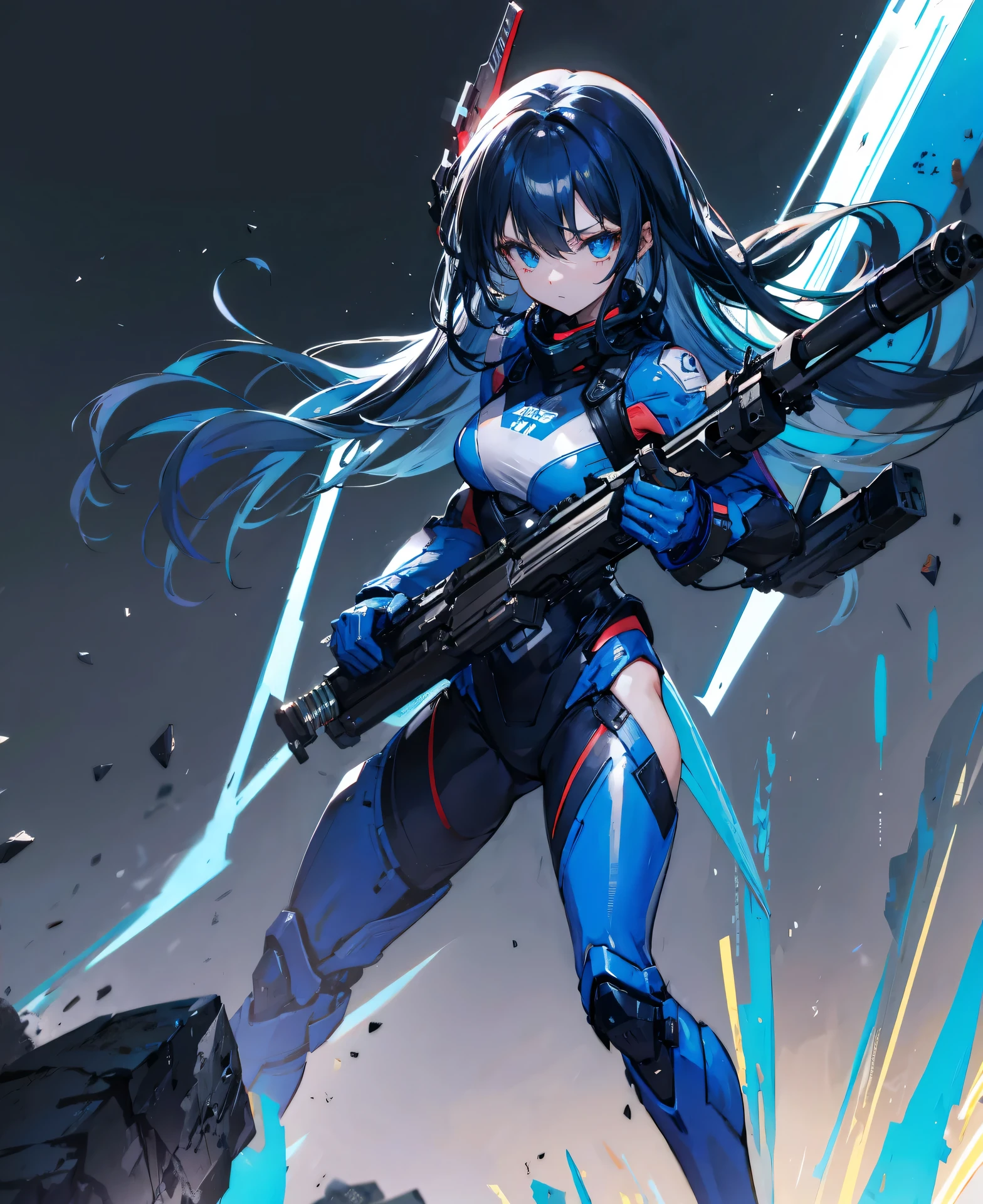 no background，girl，carry a firearm，Enamel style tight suit，use of firearms，dark blue long hair，attention arousal，blue colored eyes,no gradation