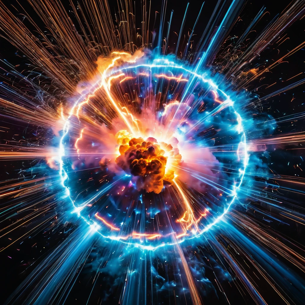 Two exploding neutrons with intense detail, 8k quality, capturing the exact moment of the explosion. Light trails streak across the scene, leaving a mesmerizing trail of color. Thousands of vibrant pieces of varying colors scatter in all directions, frozen in a stop-frame image.