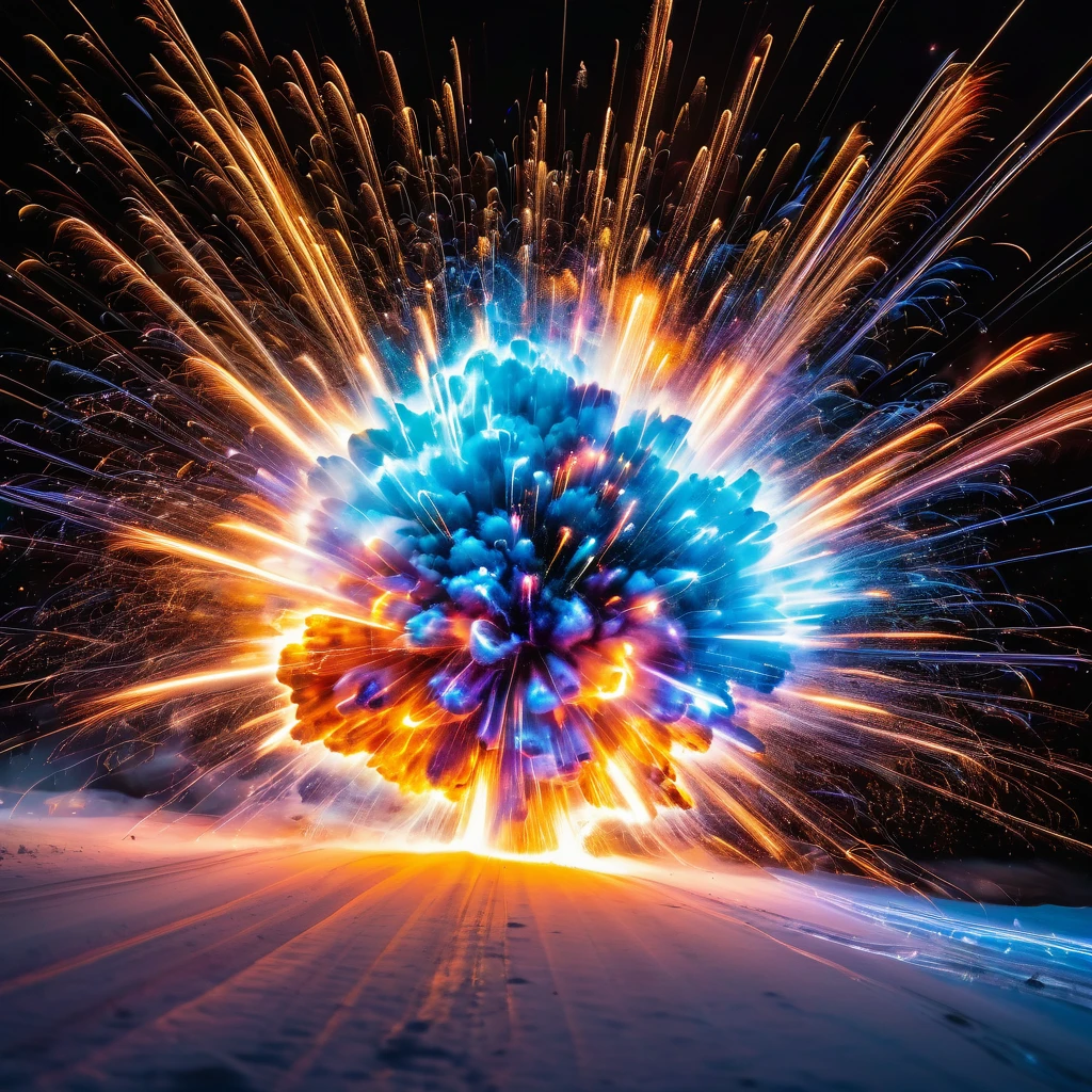 Two exploding neutrons with intense detail, 8k quality, capturing the exact moment of the explosion. Light trails streak across the scene, leaving a mesmerizing trail of color. Thousands of vibrant pieces of varying colors scatter in all directions, frozen in a stop-frame image.