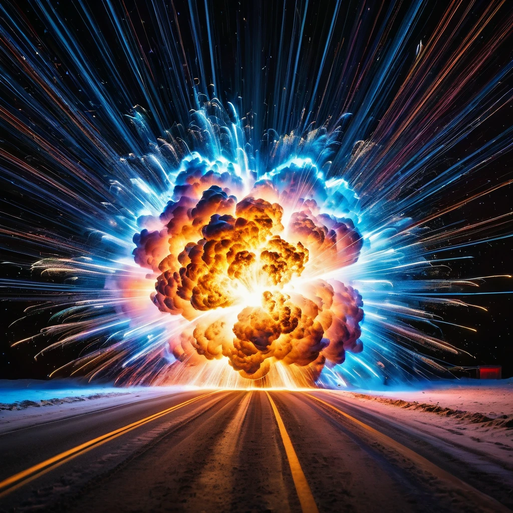 Two exploding neutrons with intense detail, 8k quality, capturing the exact moment of the explosion. Light trails streak across the scene, leaving a mesmerizing trail of color. Thousands of vibrant pieces of varying colors scatter in all directions, frozen in a stop-frame image.