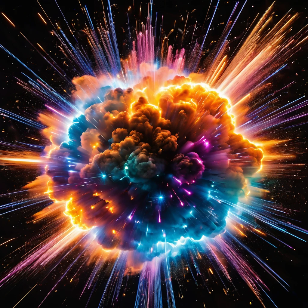 Two exploding neutrons with intense detail, 8k quality, capturing the exact moment of the explosion. Light trails streak across the scene, leaving a mesmerizing trail of color. Thousands of vibrant pieces of varying colors scatter in all directions, frozen in a stop-frame image.