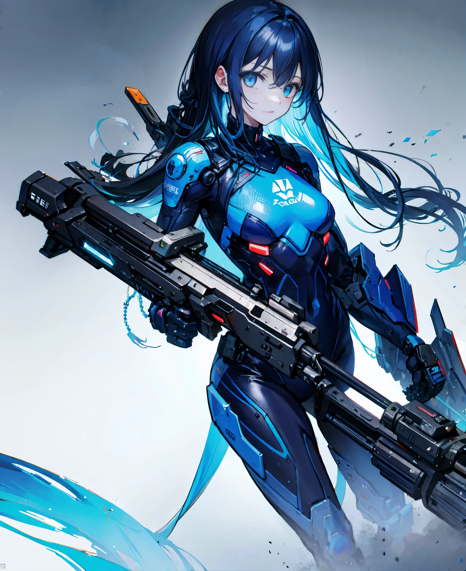 no background，girl，carry a firearm，Enamel style tight suit，use of firearms，dark blue long hair，attention arousal，blue colored eyes,no gradation