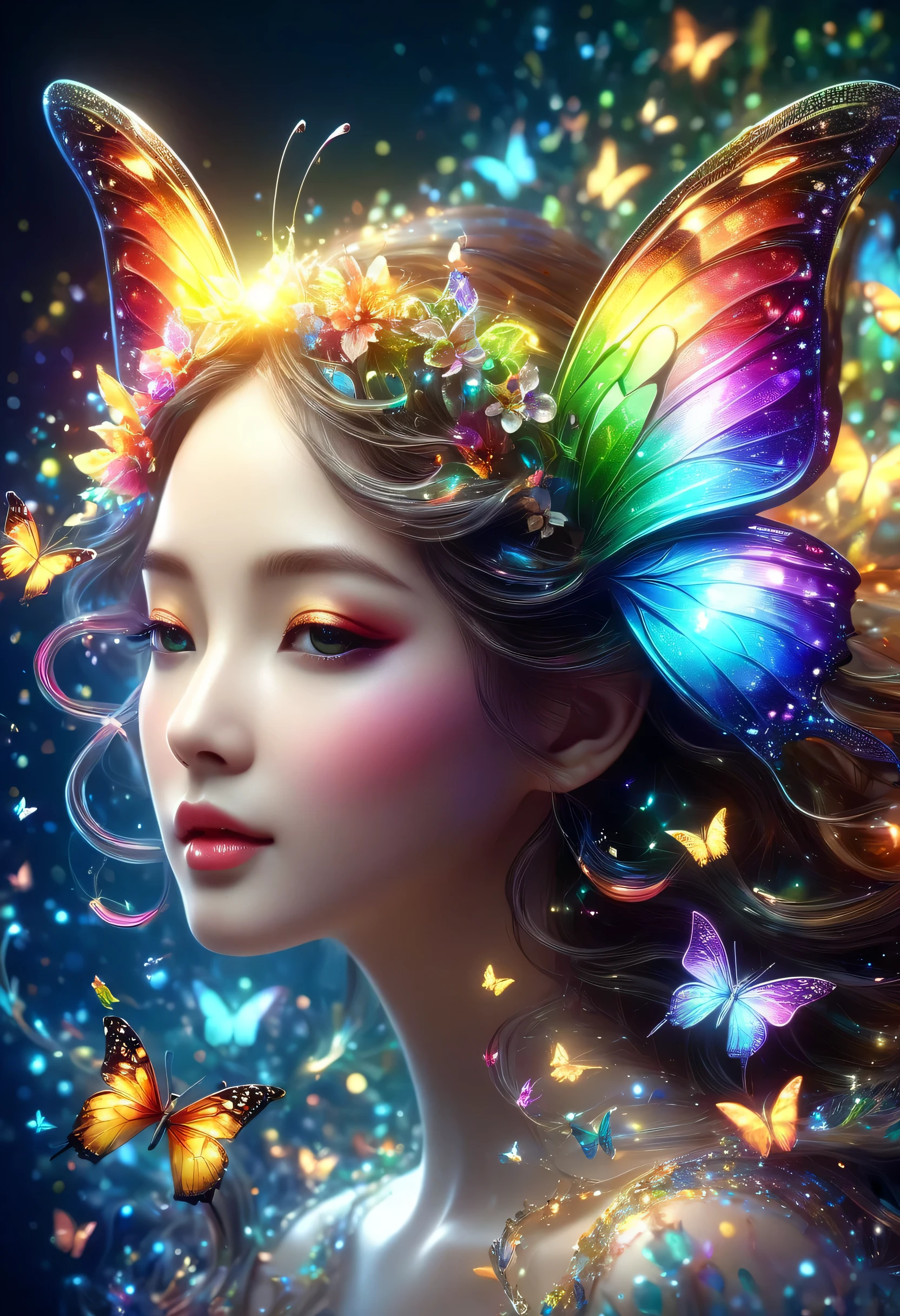 暗闇の中を羽ばたくbutterfly々shine、As beautiful as a dream、It touches my heart.,butterfly々:Rainbow-colored:seven colors:luminescence:shine,dark background,flash,とてもflash,masterpiece,最高masterpiece,best configuration,beautiful sight,dream-like,優しくshinebutterfly々,gracefully,rendering,unreal engine,Elements of Zentalg,intricate details,gracefully描く,with great care,particles of light:shine鱗,rich colors,colorful,anatomically correct,beautiful light and shadow,Mysterious,fantasy,fantasy,digital art,flower