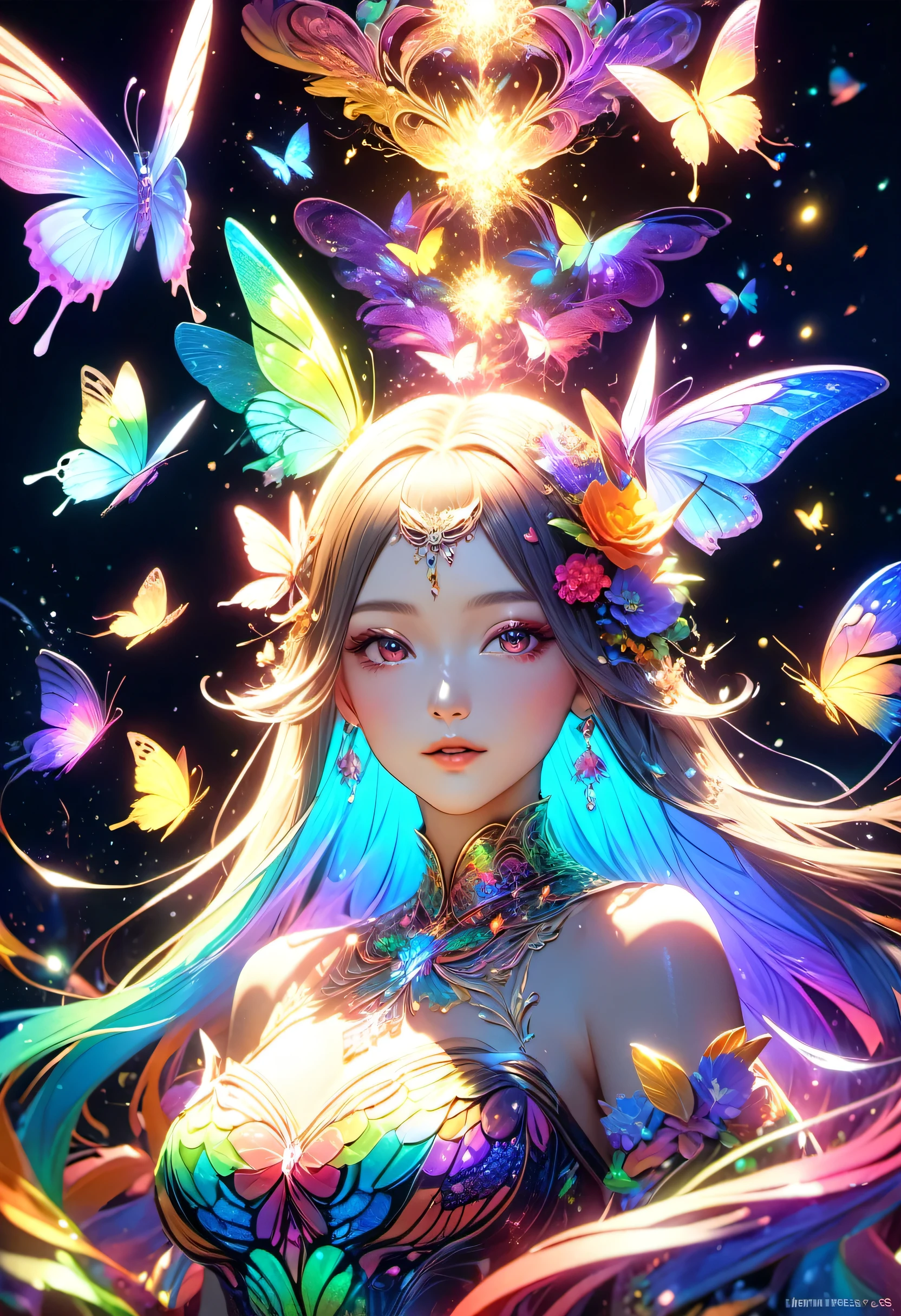 暗闇の中を羽ばたくbutterfly々shine、As beautiful as a dream、It touches my heart.,butterfly々:Rainbow-colored:seven colors:luminescence:shine,dark background,flash,とてもflash,masterpiece,最高masterpiece,best configuration,beautiful sight,dream-like,優しくshinebutterfly々,gracefully,rendering,unreal engine,Elements of Zentalg,intricate details,gracefully描く,with great care,particles of light:shine鱗,rich colors,colorful,anatomically correct,beautiful light and shadow,Mysterious,fantasy,fantasy,digital art,flower