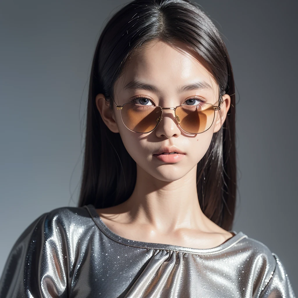 （best quality, masterpiece：1.2）, ID photo of a 13-year-old Chinese girl, sportswear, camisole，Pure cotton，gray background, Surrealism, ultra high definition, textured skin, high detail，facing the camera, 8K crocodile skeleton（（（platinum marble sunglasses）））