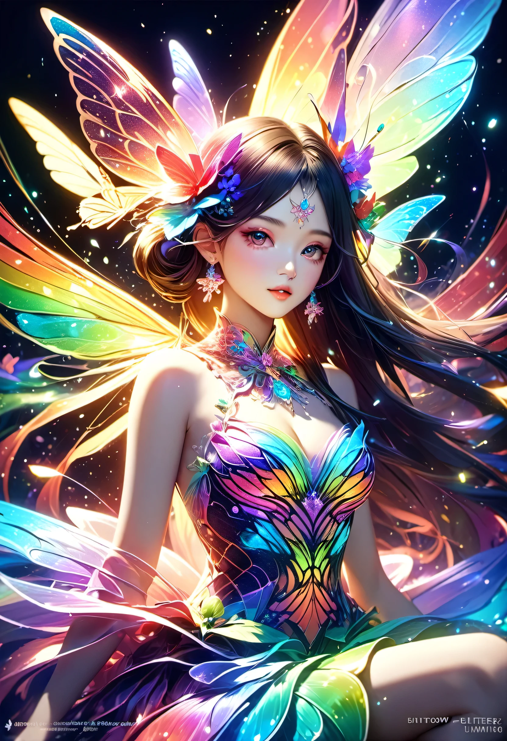 暗闇の中を羽ばたくbutterfly々shine、As beautiful as a dream、It touches my heart.,butterfly々:Rainbow-colored:seven colors:luminescence:shine,dark background,flash,とてもflash,masterpiece,最高masterpiece,best configuration,beautiful sight,dream-like,優しくshinebutterfly々,gracefully,rendering,unreal engine,Elements of Zentalg,intricate details,gracefully描く,with great care,particles of light:shine鱗,rich colors,colorful,anatomically correct,beautiful light and shadow,Mysterious,fantasy,fantasy,digital art,flower