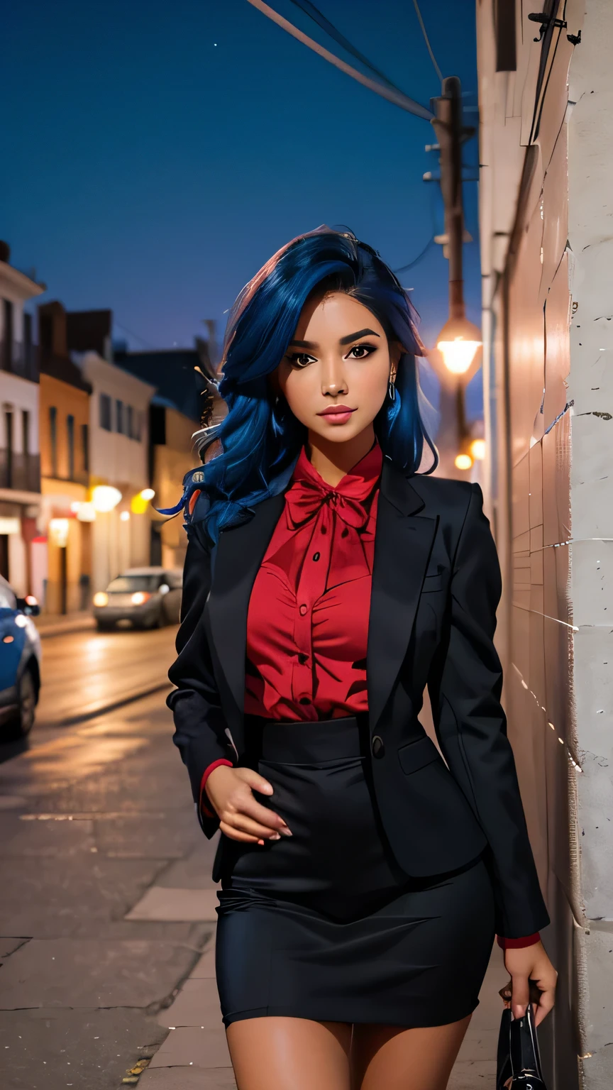 chica de pelo azul con un traje rojo con negro en la luna