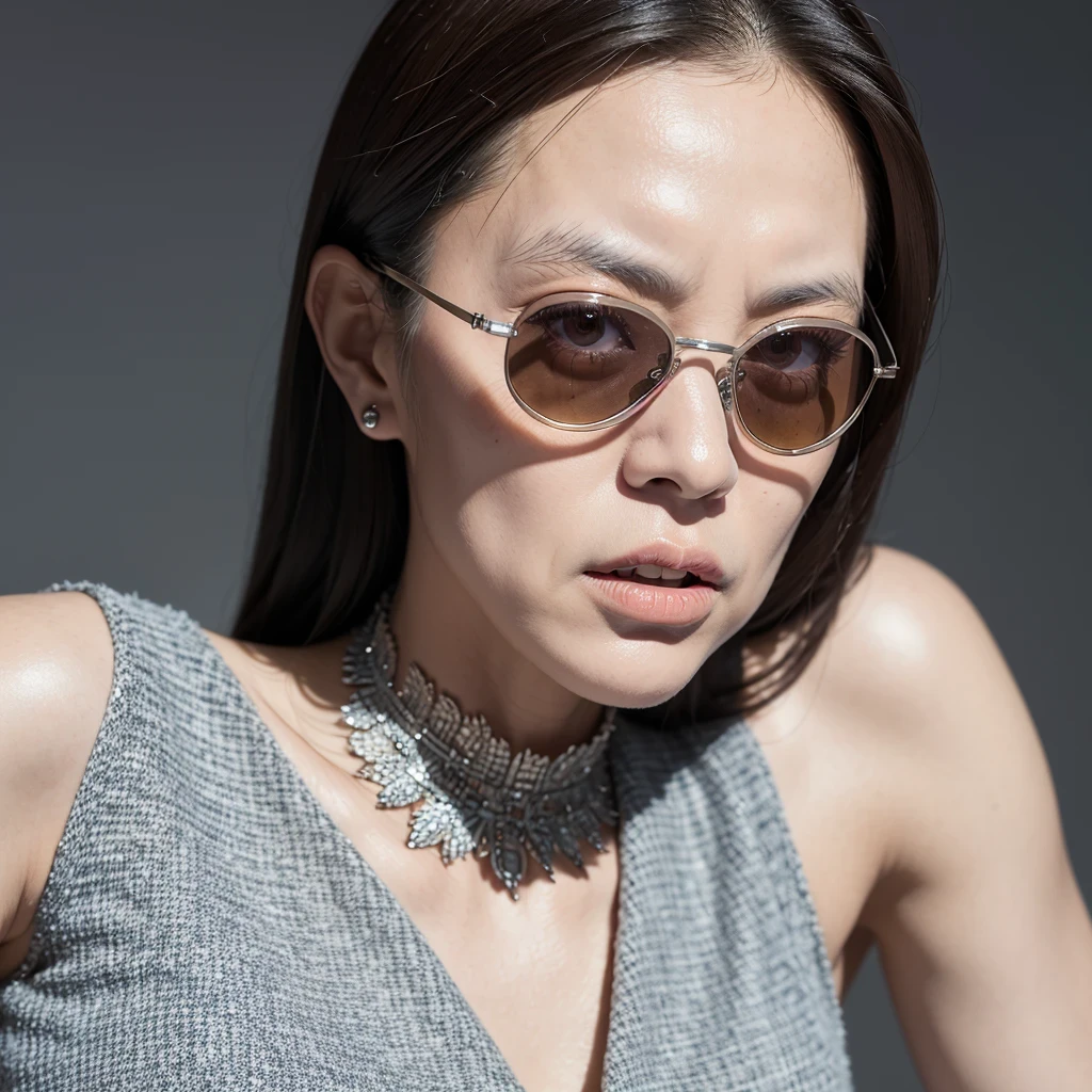 （best quality, masterpiece：1.2）, ID photo of a 63-year-old Chinese girl, sportswear, camisole，Pure cotton，gray background, Surrealism, ultra high definition, textured skin, high detail，facing the camera, 8K crocodile skeleton（（（platinum marble sunglasses）））