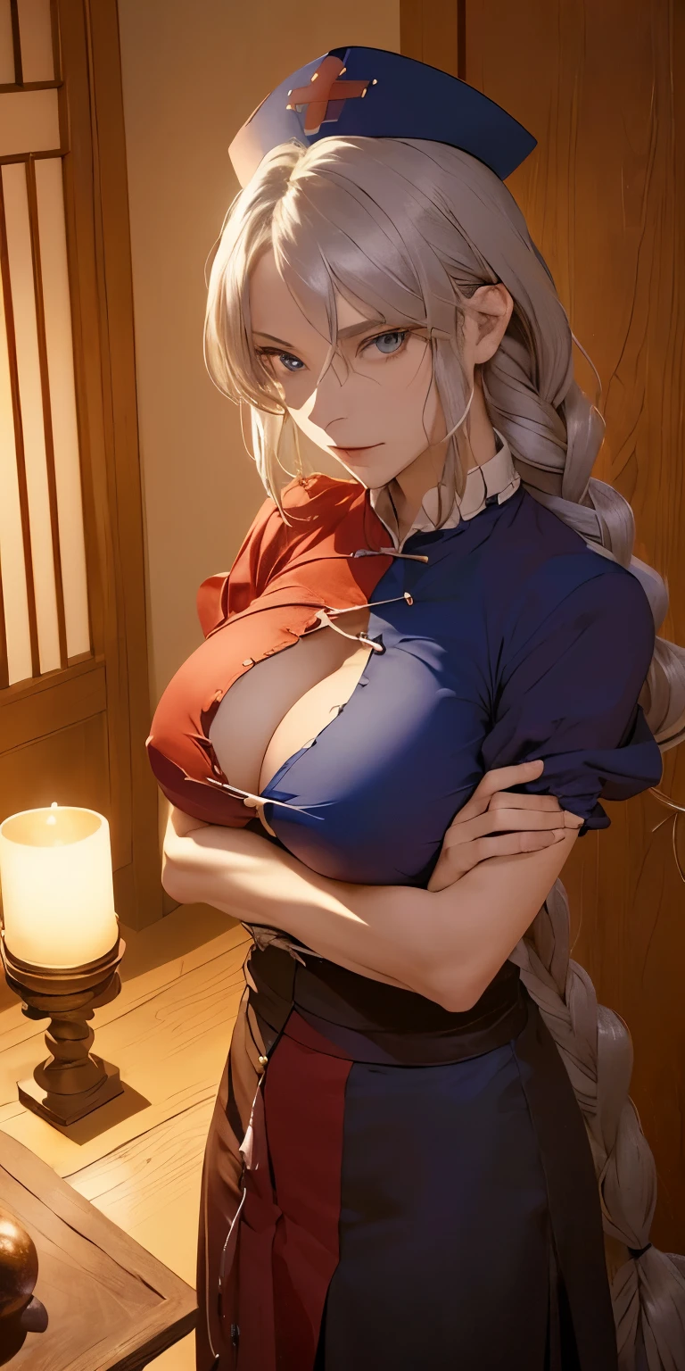 (masterpiece, best quality:1.3), (upper body:1.3), Yagokoro Eirin, Touhou Series, perfect face, expressive eyes, 1woman, looking at viewer, 38 years old, gorgeous body, big breast, beautiful, anime, lora,1woman, silver hair, braid hair, nurse cap, red and blue clothes, long skirt, (evil look, looking down on viewer:1.5), (crossed arms:1.5), (cinematic lighting, realistic, dream-like, enchanting atmosphere:1.5), (photo of a woman in her dark and mysterious environment:1.3), (the woman surrounded by an aura of mystery and intrigue:1.3), (a japanese-style hallway and fusuma doors extend all the way to the back:1.3), (candles flickering, casting dancing shadows around the room:1.3), (the dim lighting adding to the ambiance of secrecy and mysticism:1.3), (a crystal ball nearby, adding to the mystical setting:1.3), (symbols of astrology and esoteric knowledge decorating the room:1.3), (a hint of incense in the air, adding to the sensory experience:1.3), 