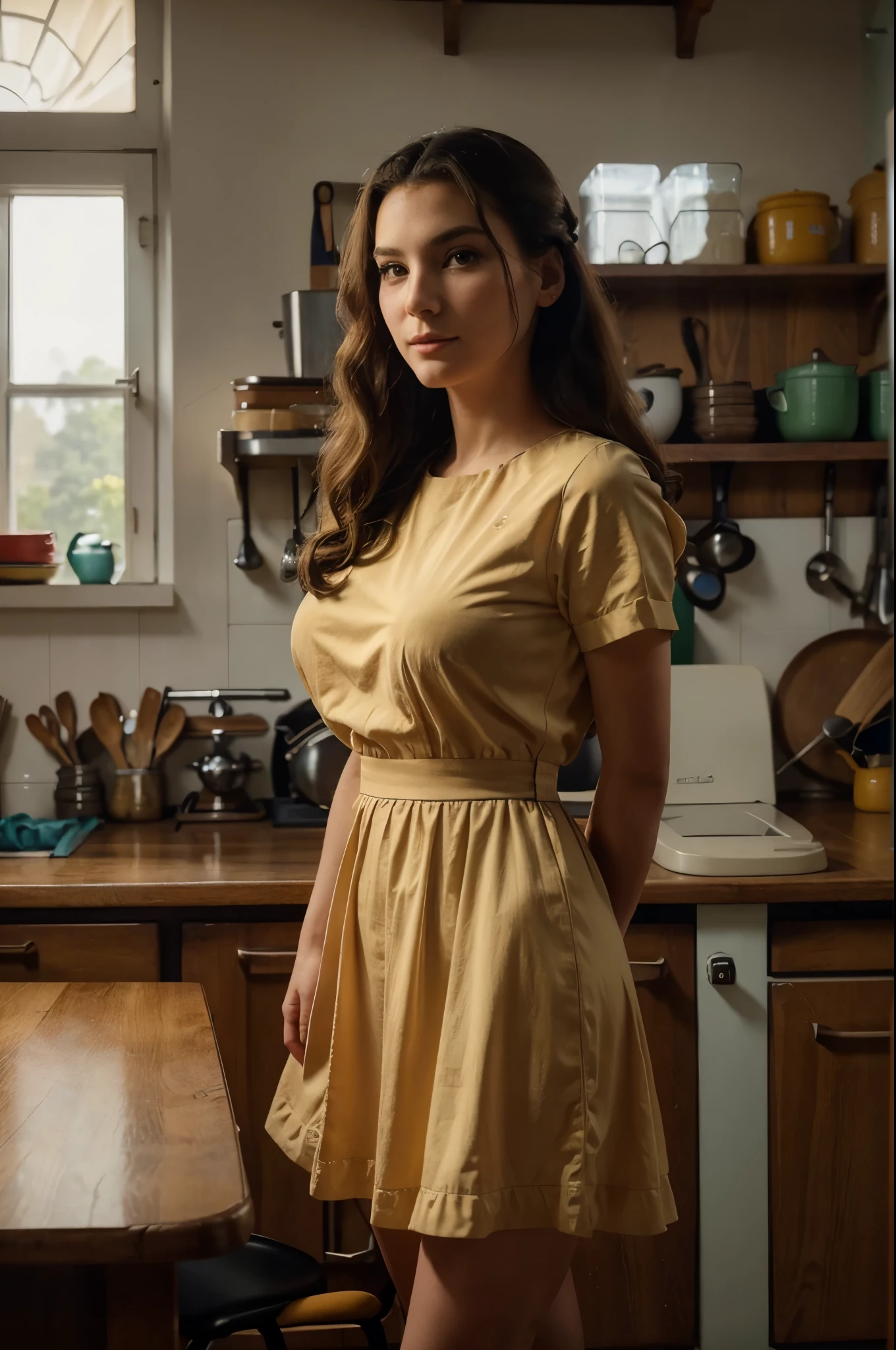 Low angle shot, an athletic woman, wearing colorful 1950s summer dress, 1950s hairstyle, long hair, wavy hair, large breasts, not exposed, standing by a table in a sunny ((vintage kitchen)), looking away from viewer, beautiful view out the windows, 8 k sensual lighting, warm lighting, 4k extremely photorealistic, cgsociety uhd 4k highly detailed, trending on cgstation
