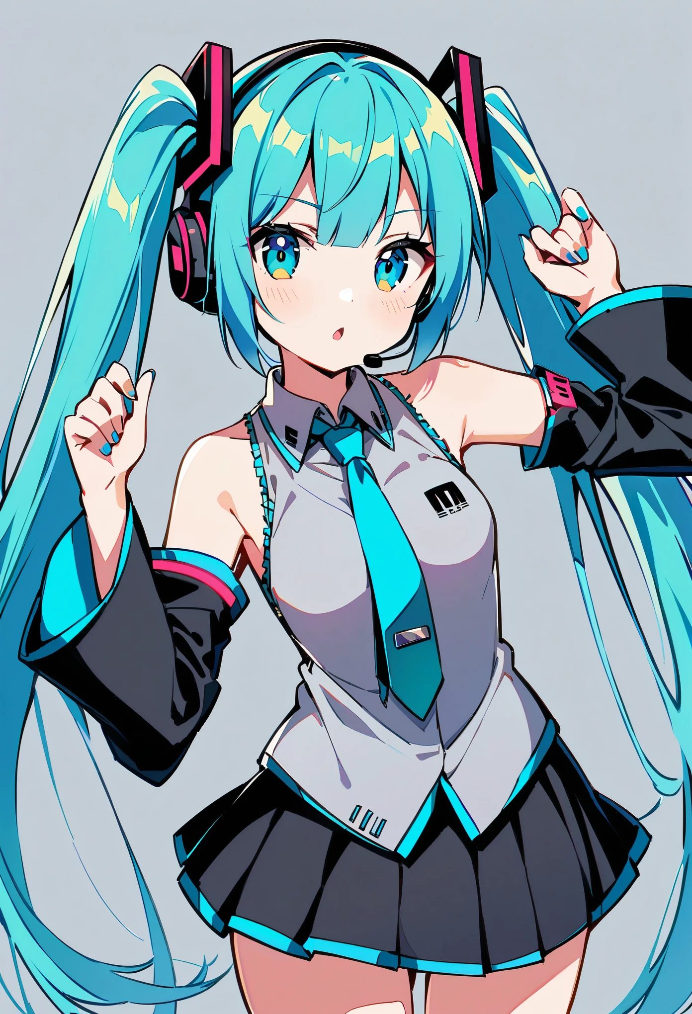 solo, 1girl, hatsune_miku, very long hair, aqua hair, twintails, blunt bangs, aqua eyes, collared shirt, grey shirt, sleeveless shirt, black skirt, pleated skirt, bare shoulders, black sleeves, detached sleeves, wide sleeves, blue nails, aqua necktie, black boots, tie clip, headset,,
