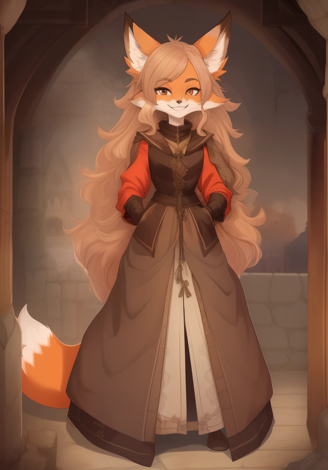 Best quality, Super detailed illustration, (fox girl:1.4), High, stately, fluffy fur, disheveled thick hair, bandit clothing in the Middle Ages, smug smile, half-closed eyes ,small waist, wide hips, slim, perfect body, style &quot;DND&quot;