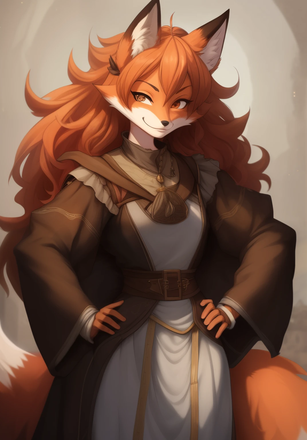 Best quality, Super detailed illustration, (fox girl:1.4), High, stately, fluffy fur, disheveled thick hair, bandit clothing in the Middle Ages, smug smile, half-closed eyes ,small waist, wide hips, slim, perfect body, style &quot;DND&quot;, I&#39;m god here! to her ,nobody, nothing will be hidden from my eyes