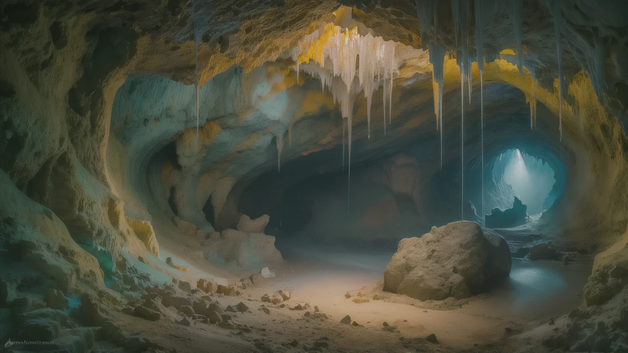 A breathtaking masterpiece with the best quality and ultra-high resolution (8k) capturing a panoramic view. The scene takes place in the inside of a cave, where the viewer is transported into a mysterious world. The focal point of the painting is a crooked bug hole, brilliantly detailed and intricately captured. The cave is filled with an ethereal glow that illuminates the rocky walls. The tag "inside view" emphasizes the perspective, drawing the viewer into the depths of the cave. The cave is adorned with mesmerizing stalactites and stalagmites that add a sense of wonder and grandeur to the painting. With the use of masterful shading and lighting, every tiny detail is brought to life, evoking a sense of awe and intrigue. The colors used in this artwork are a harmony of earthy tones and muted blues, creating a mystical ambiance. The imagery is hyper-realistic, bringing the viewer into a vivid and immersive experience. The tag "panoramic view" ensures that the cave is depicted in its entirety, allowing the viewer to appreciate the vastness and scale of this hidden world. This prompt promises to deliver an unparalleled work of art, showcasing the cave's beauty in all its glory.