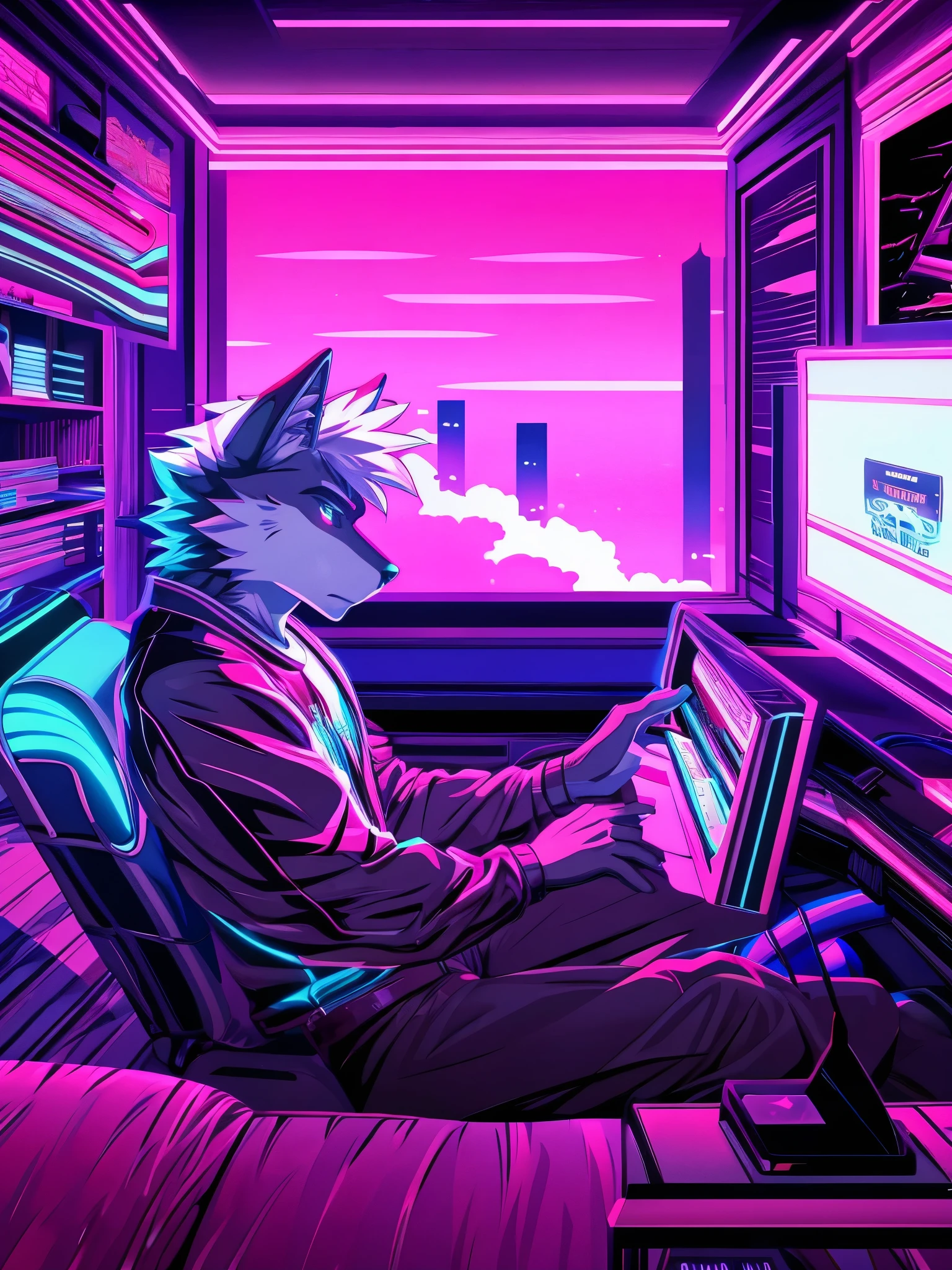 anime characters style picture of a wolf man playing a video game in a room with a video game, jen bartel, outrun art style, [ synthwave art style ], [ synthwave art style ]!!, synthwave art style ]!!, art deco outrun anime aesthestic, outrun style, synthwave art style, synthwave art, epic retrowave art