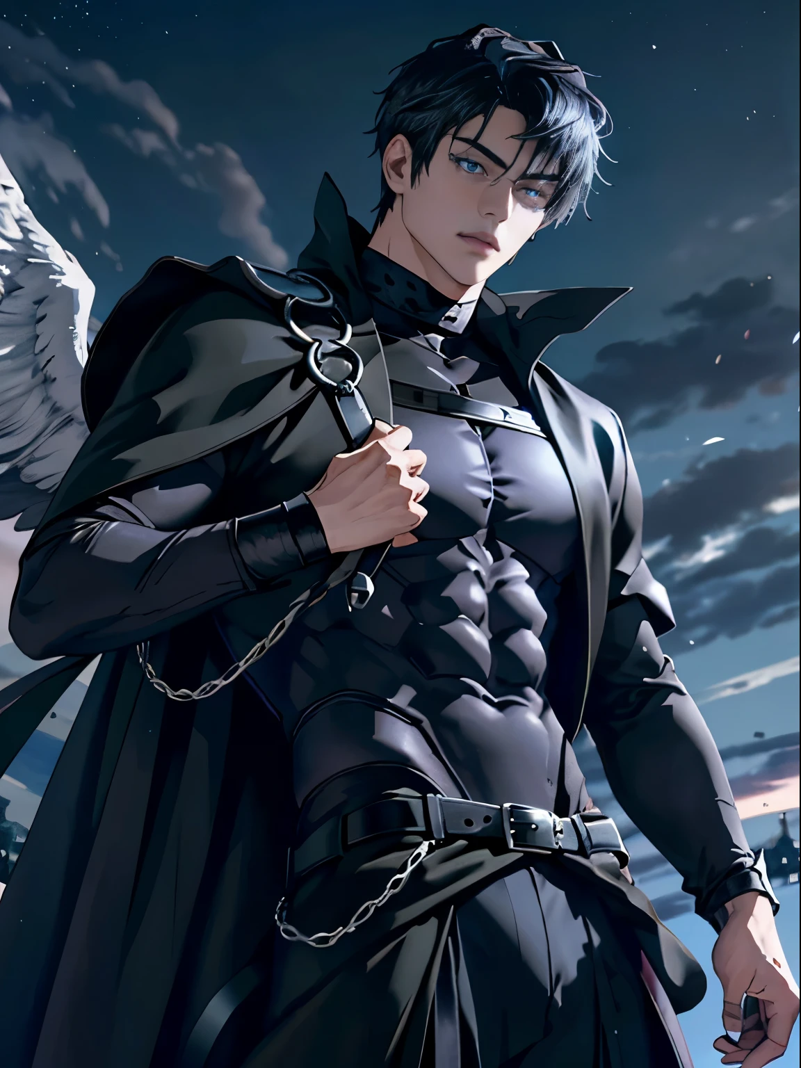 An attractive, muscular 16-year-old boy with violet eyes, He wears a black robe with trousers and intricate silver armor, dos grandes alas casi de su estatura de plumas negras y rojas crecen de sus hombros