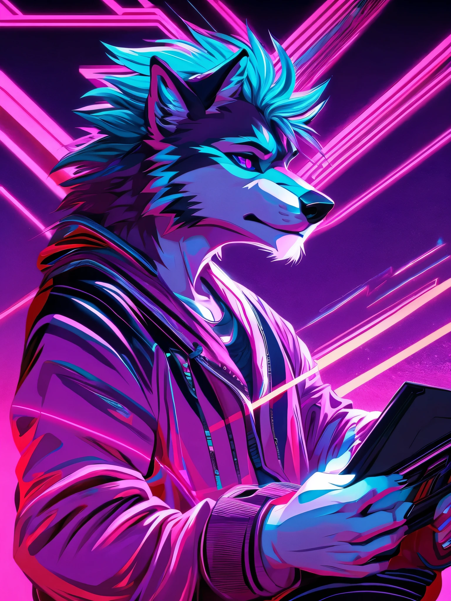 furry, male, (Realistic eye details:1.2), (beautiful detailed eyes), anime characters style picture of a wolf man playing a video game in a room with a video game, jen bartel, outrun art style, [ synthwave art style ], [ synthwave art style ]!!, synthwave art style ]!!, art deco outrun anime aesthestic, outrun style, synthwave art style, synthwave art, epic retrowave art