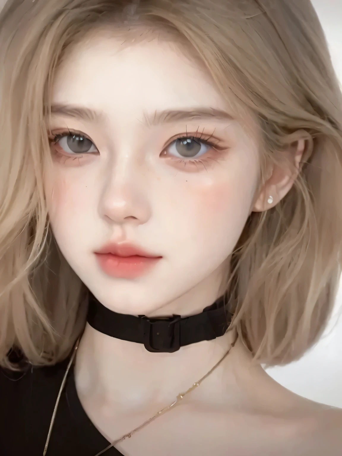 a woman with blonde hair and a choke necklace, kawaii realistic portrait, cute natural anime face, realistic anime 3 d style, popular korean makeup, realistic anime art style, popular south korean makeup, stunning anime face portrait, realistic young anime girl, anime realism style, realistic cute girl painting, realistic artstyle, realistic anime artstyle, 🤤 girl portrait, realistic anime face