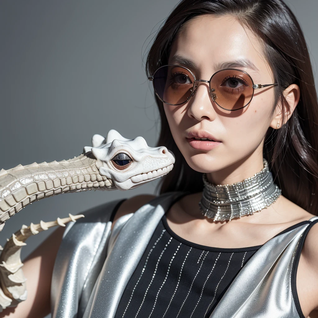 （best quality, masterpiece：1.2）, ID photo of a 93-year-old Chinese girl, sportswear, camisole，Pure cotton，gray background, Surrealism, ultra high definition, textured skin, high detail，facing the camera, 8K crocodile skeleton（（（platinum marble sunglasses）））