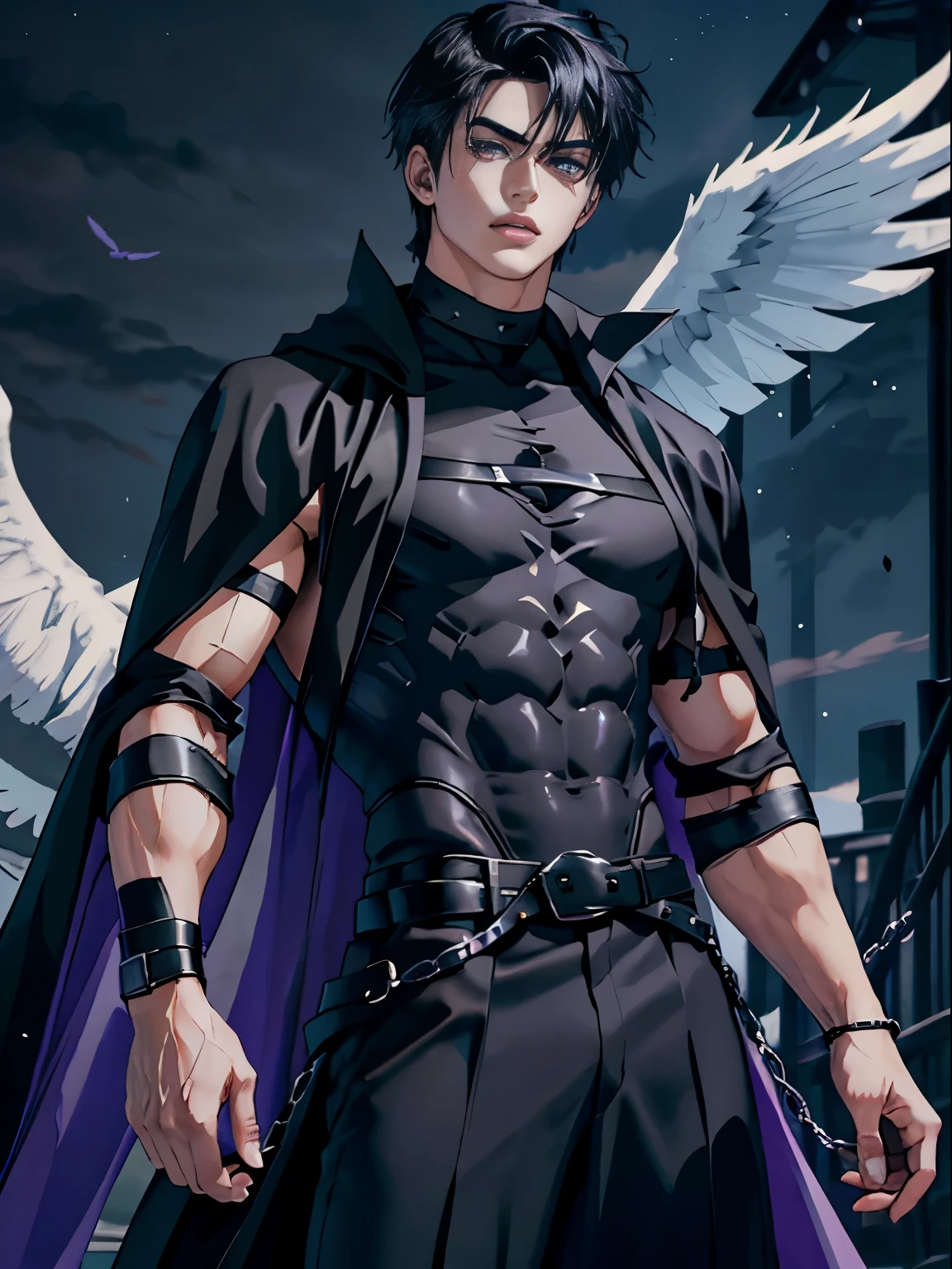 An attractive, muscular 16-year-old boy with violet eyes, He wears a black robe with trousers and intricate silver armor, dos grandes alas casi de su estatura de plumas negras y rojas crecen de sus hombros