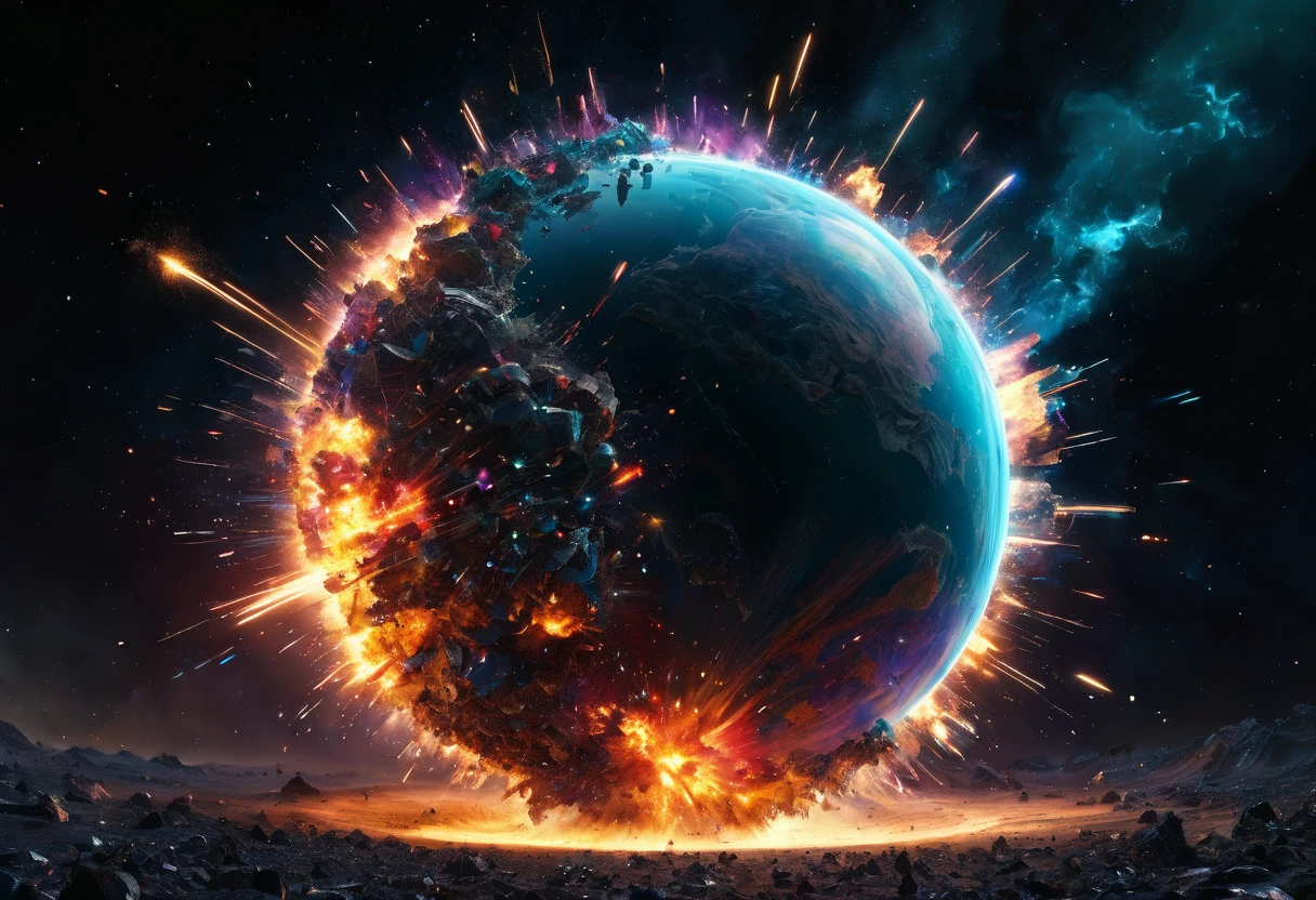 an exploding planet, very detailed, 8k quality, light trails and thousands of pieces of different colors that scatter after the explosion, a stop-frame image,