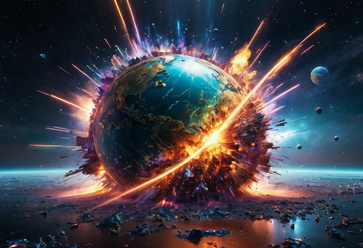 an exploding planet, very detailed, 8k quality, light trails and thousands of pieces of different colors that scatter after the explosion, a stop-frame image,