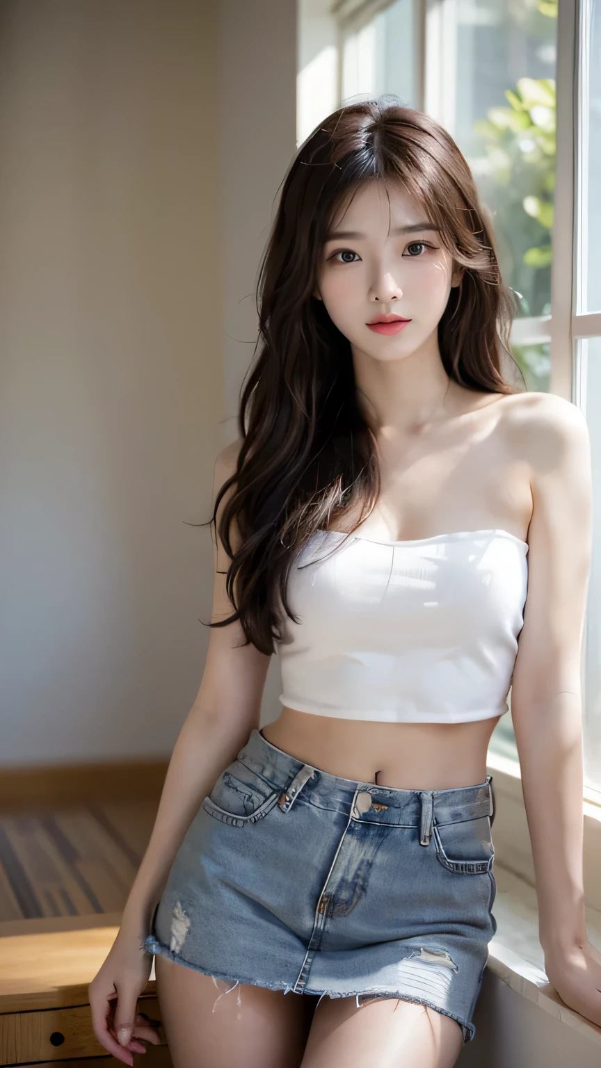 1 girl，20 years old, Height 170cm、body coordination、Well proportioned body、stand by the window，bright backlight, alone，dark brown hair，natural drape, Exquisite facial features, This is a perfect face blunt bangs, beautiful korean girl, Eyes are bright, smile very happily 、(She wears a delicate white translucent tube top:1.3)、 (She wears a delicate denim mini skirt with low waist:1.3)、Half of the buttocks are exposed，Navel exposed、perfect waist、E cup、Deep V cleavage，Wear exquisite earrings，(Skin texture is extremely delicate1.3), (Perfect details: 1.1),Looks a lot like actor Kim Hee Sun，a sexy pose，long legs，black pantyhose，lens：Canon RF 85mm f/1.2L，Flat viewing angle，Highly detailed facial and skin textures, Natural and soft light, Ultimate light and shadow，masterpiece, best quality, Natural light, Super detailed，film grain, ultra high resolution, 8k wallpaper, Perfect composition,