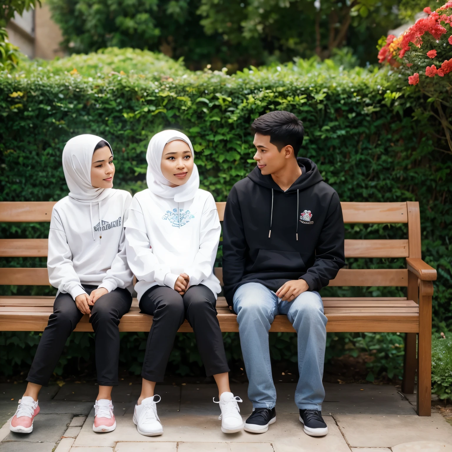 a handsome Indonesian boy wearing a black hoodie jacket with short hair sits next to a beautiful Indonesian girl wearing a white hijab holding a baby boy on her lap. next to them is a 7th year girl wearing a hijab and a 12th year girl wearing a hijab. they are sitting together on a beautiful garden bench full of flowers. Disney 3D art. smooth art. 3d character art.