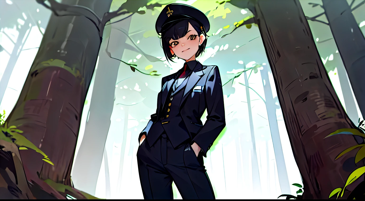 in the forest. 1girl wearing a suit. short wolfcut hair with caphat piercing. tomboy. smirking. black eyes.. half body. long pant