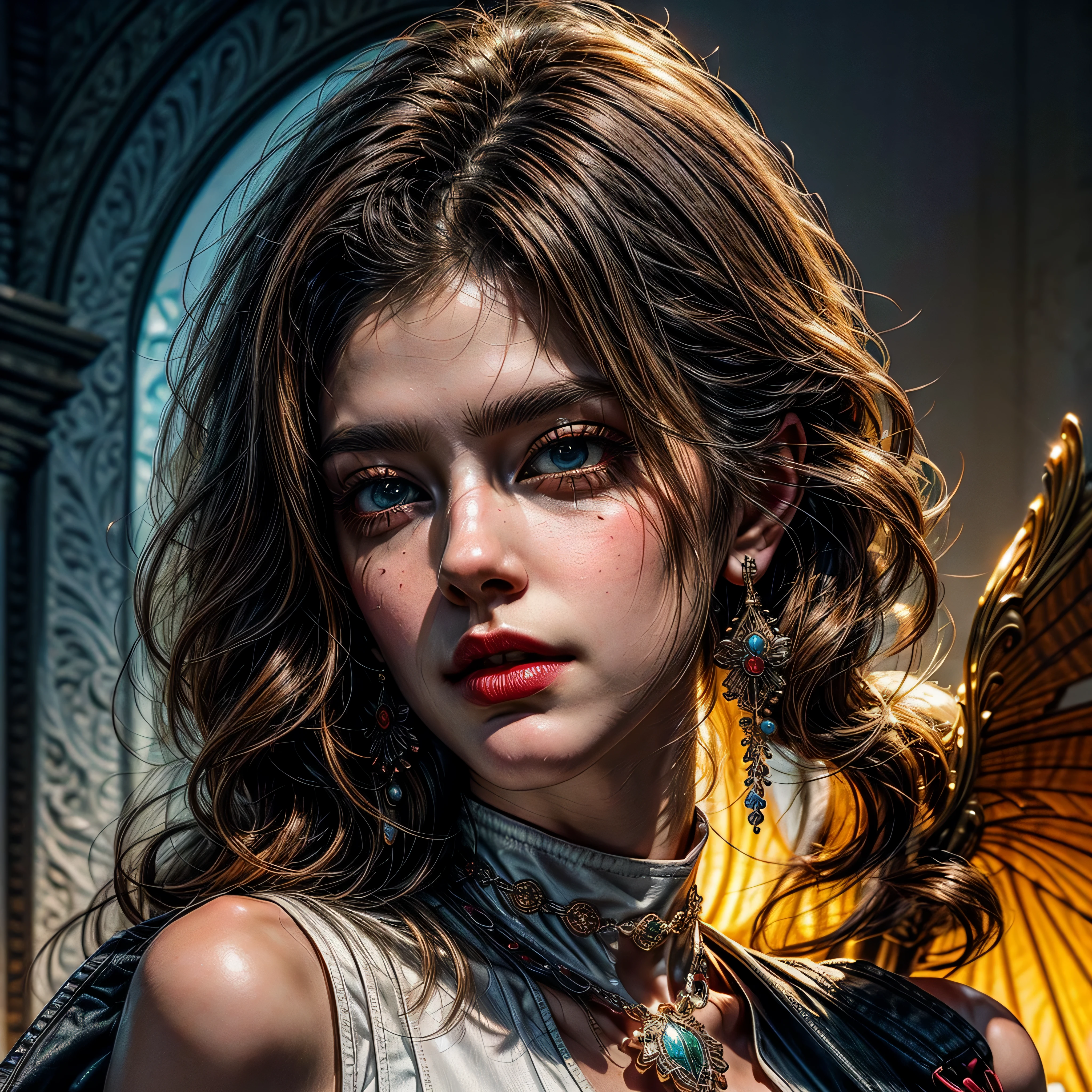 Gorgeous strong physique, black colored social blouse, long white pants, black colored social shoes, blonde hair split in the middle, straight hair, brown colored eyes, slender appearance, elegant, library scenery, brown tie, indifferent look, ancient kingdom, girl in his 40s. reveal fullbody luminous tattoo ❤ bioluminescent earring:Eiffel , epic chest tmasterpiece RAW nsfw naked, UHD, HDR, max best lighting, detailed background geometric multidimensional deep path equirectangular night cooling Eiffel earring, denim lens, Statue-of-Liberty standing, sexy epic gorgeous flirt flower, long curly deep blonde frange tourmaline, very detailed skin silks reddener curled eyebrows, very shiny skin, eyeliner, gothic epic brights eyes navy shadow, eye glitter, blush, macro chest micro necklace indigo lazuli sundrop, (close up, face focus: 1.2), (close-up, face focus: 1.2), look back sideboob, fishnet tights, bow, chocker, look-by, yellow saffron BridalDress kunzite Lys, max best quality, ultra high-quality, ultra high-definition, ultra high-quality texture, ultra high quality shadow, ultra high detail, epic beautiful detailed, fine detailed, extremely detailed cg, high detailed texture, a ultra-realistic representation of the face, ultra professional photorealistic, UnrealEngine5 epic tmasterpiece ultra_high-quality ultra_high-details ultra-sharp-focus ultra_high-resolution ultra_high-definition UHD HDR vibrant DSLR vivid colorful lighting reflection, saturate, varies multi etc. --v6 --s1000 --c20 --q5 --chaos100