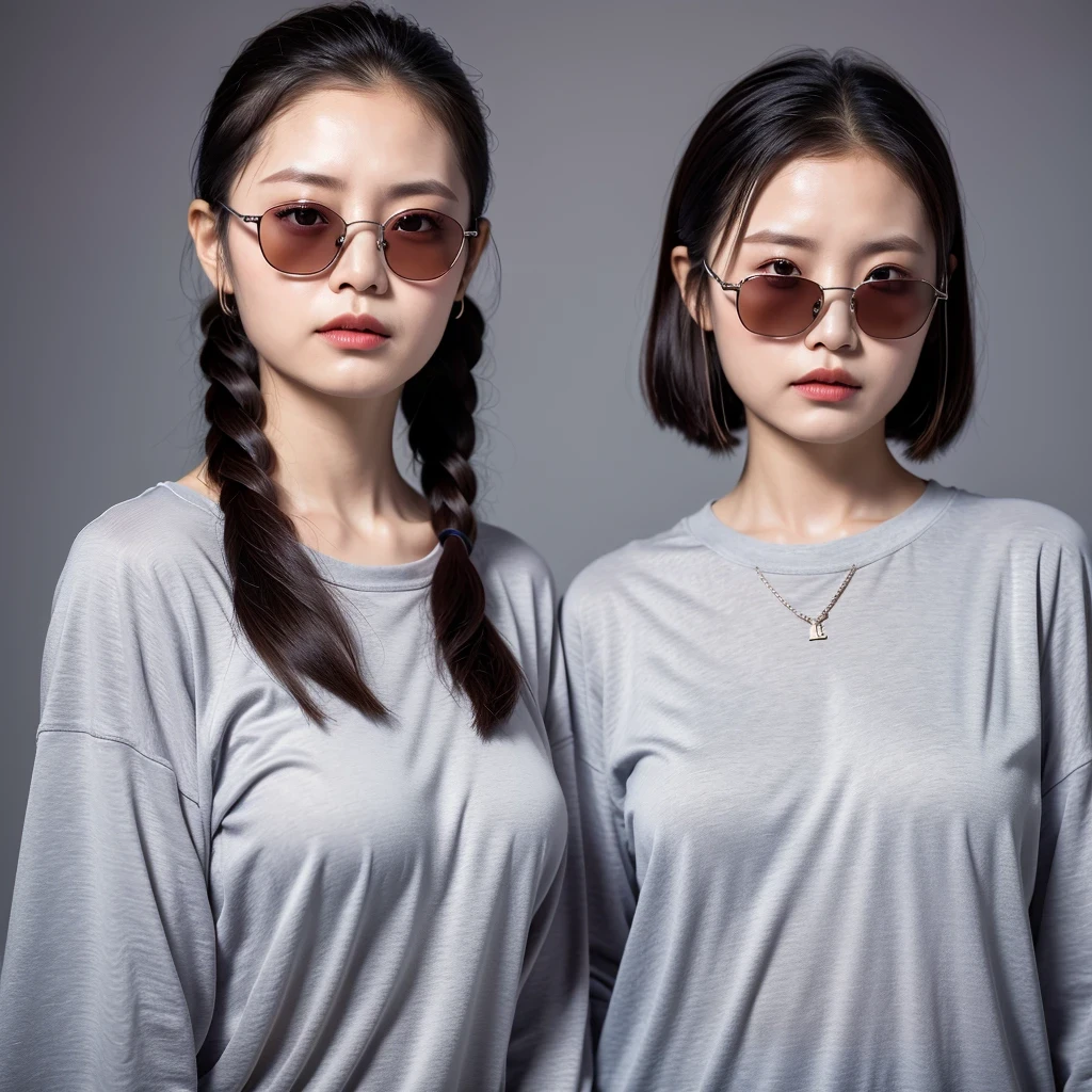 （best quality, masterpiece：1.2）, ID photo of a 93-year-old Chinese girl, sportswear, camisole，Pure cotton，gray background, Surrealism, ultra high definition, textured skin, high detail，facing the camera, 8K crocodile skeleton（（（platinum marble sunglasses）））