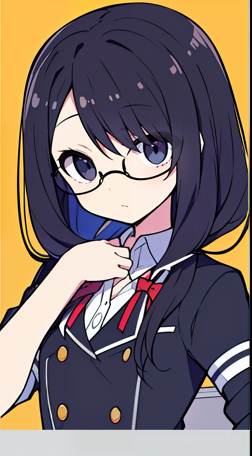 (highest quality、masterpiece:1.2) ((1 girl)) black hair、black eye、messy hair (school uniform) (flat chest) (Glasses) dark look
