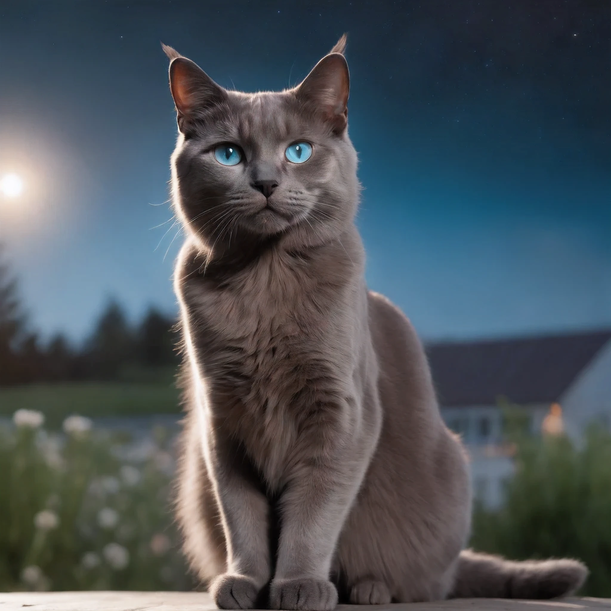 (dark gray cat with aqua marine blue light eyes ),3D rendered,UHD 8K,Silly Goofy,Dopy melancholy, sitting on a front porch of a modern country house with a nearby flower field in during spring time, detailed fur,playful eyes,whiskers,moonlight,sparkling stars,cratered surface,cat's paws levaing prints,lunar landscape,soft shadows,night sky,colorful galaxies,mysterious glow,crisp textures,intricate details, photo shoot. The subject is perfectly positioned in the photo for a professional desktop landscape wallpaper.Award winning photography. trending on artstation.