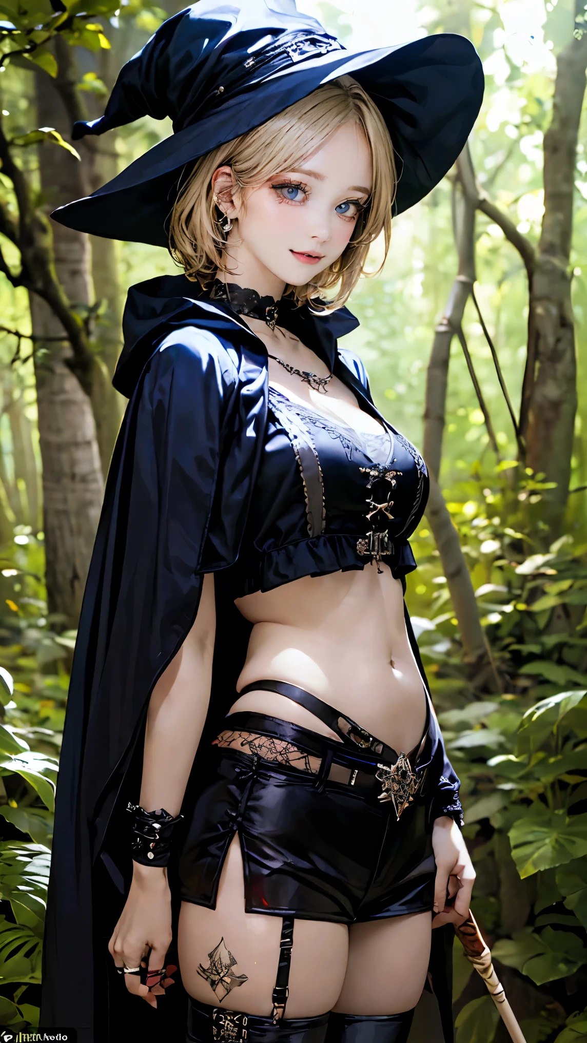 (masterpiece:1.2, highest quality), (realistic, photorealistic:1.4), beautiful illustrations, (natural side lighting, movie lighting), looking at the viewer, Upper body, (front view), 1 girl, perfect face, Cute symmetrical face, shiny skin, baby face,(long eyelash), (large breasts), (wide hips),beautiful hair, beautiful face, detailed and beautiful eyes, beautiful body, beautiful breasts, (beautiful thighs), beautiful feet, beautiful fingers,(beautiful scenery),(cute smile:1.2, upper eye),Beautiful girl,perfect body line,(micro bikin),(side tie),(short hair:1.2),(buzz cut),(blonde hair:1.5),(Suntanned skin:1.35),(plump:0.8),hime cut,witch woman, (witch hat), (Wizard's staff :1.5),(hooded cape),long boots,(in forest:1.5),(garter ring),choker,(thumb ring),(gothic punk style:1.5),