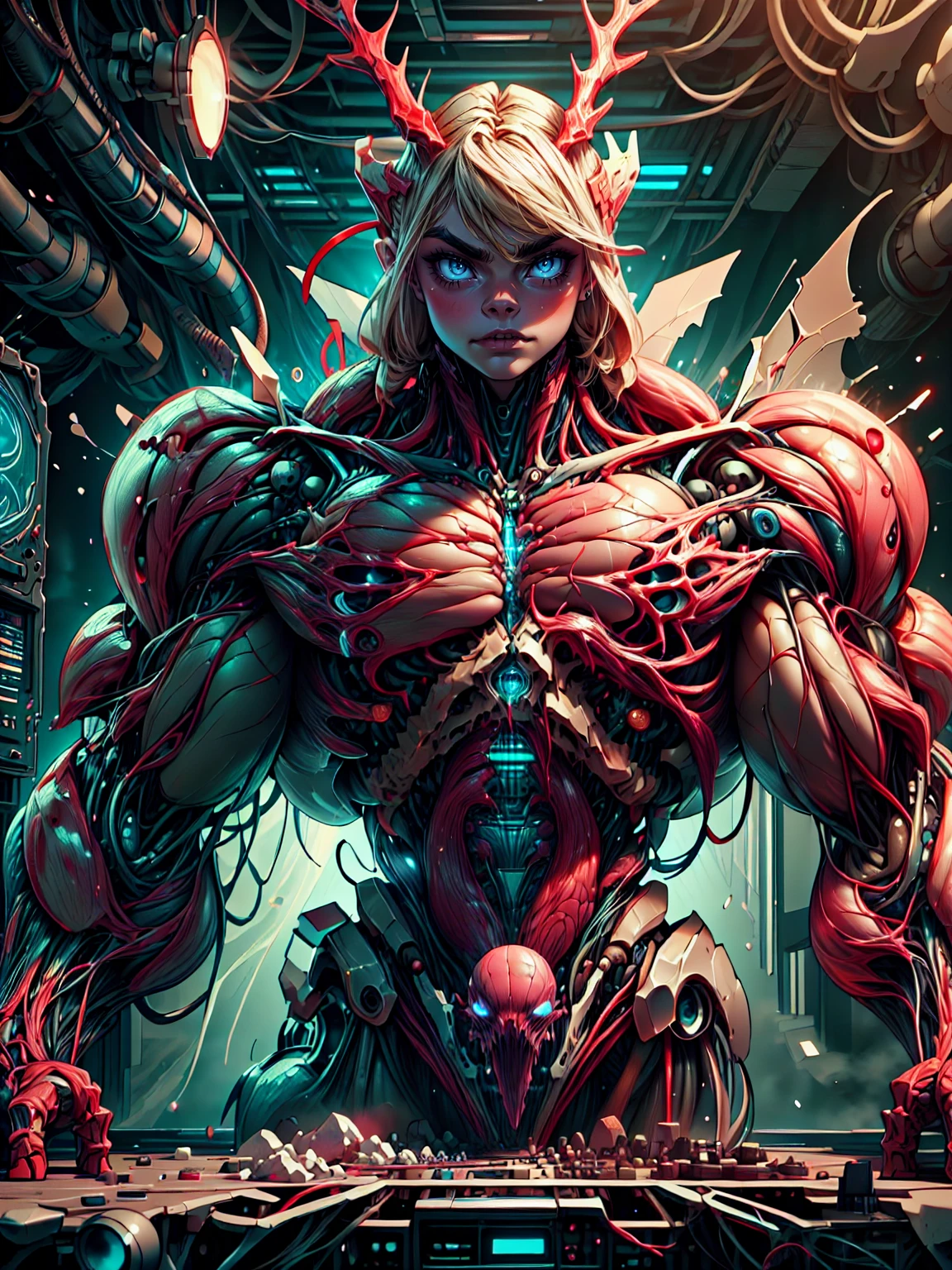 Cinematic, clear facial features and insanely detailed, the image captures the essence of cara delevingne as a muscular red skinless bio-mecha succubus with gigantic demon horns, carnage skinless muscular physique & carnage bio-mecha suit. The color grading is beautifully done, enhancing the overall cinematic feel. Unreal Engine makes her appearance even more mesmerizing. With depth of field (DOF), every detail is focused and accentuated, drawing attention to her eyes and hair. Peak image resolution utilizing super-resolution technology ensures pixel perfection. Cinematic lighting enhances her aura, while anti-aliasing techniques like FXAA and TXAA keep the edges smooth and clean. Adding realism to the muscular bio-mecha succubus , RTX technology enables ray tracing. Additionally, SSAO (Screen Space Ambient Occlusion) gives depth and realism to the scene, the girl's presence even more convincing. In the post-processing and post-production stages, tone mapping enhances the colors, creating a captivating visual experience. The integration of CGI (Computer-Generated Imagery) and VFX (Visual Effects brings out her demonic features seamlessly . Icredible level of detail, with intricate elements meticulously crafted, the artwork hyper maximalist and hyper-realistic. Volumetric effects add depth and dimension, with unparalleled photorealism. 8k resolution rendering ensures super detailed visuals. The volumetric lighting adds a touch of magic, highlighting her beauty and aura in an otherworldly way. High Dynamic Range (HDR) tech makes the colors pop, adding richness to the overall composition. Ultimately, this artwork presents an unreal, yet stunningly real portrayal of an incredibly beautiful bio-mecha succubus girl. The sharp focus ensures that every feature is crisply defined, creating a captivating presence.