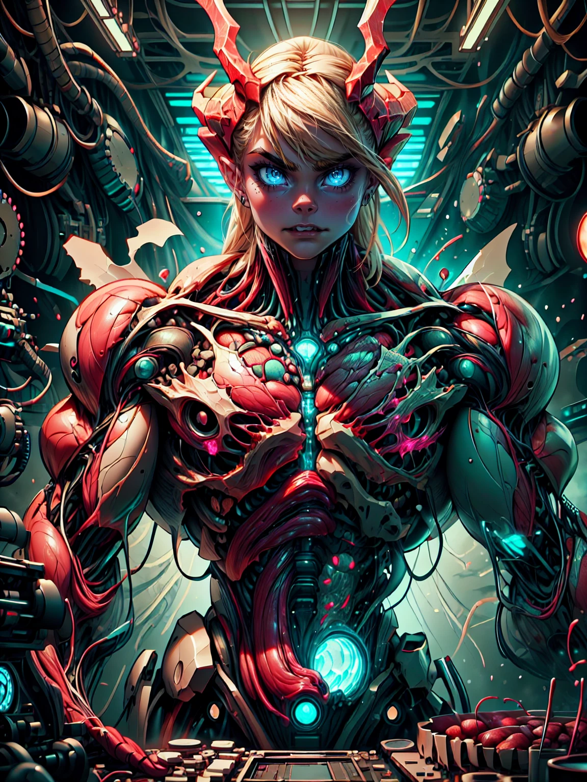 Cinematic, clear facial features and insanely detailed, the image captures the essence of cara delevingne as a muscular red skinless bio-mecha succubus with gigantic demon horns, carnage skinless muscular physique & carnage bio-mecha suit. The color grading is beautifully done, enhancing the overall cinematic feel. Unreal Engine makes her appearance even more mesmerizing. With depth of field (DOF), every detail is focused and accentuated, drawing attention to her eyes and hair. Peak image resolution utilizing super-resolution technology ensures pixel perfection. Cinematic lighting enhances her aura, while anti-aliasing techniques like FXAA and TXAA keep the edges smooth and clean. Adding realism to the muscular bio-mecha succubus , RTX technology enables ray tracing. Additionally, SSAO (Screen Space Ambient Occlusion) gives depth and realism to the scene, the girl's presence even more convincing. In the post-processing and post-production stages, tone mapping enhances the colors, creating a captivating visual experience. The integration of CGI (Computer-Generated Imagery) and VFX (Visual Effects brings out her demonic features seamlessly . Icredible level of detail, with intricate elements meticulously crafted, the artwork hyper maximalist and hyper-realistic. Volumetric effects add depth and dimension, with unparalleled photorealism. 8k resolution rendering ensures super detailed visuals. The volumetric lighting adds a touch of magic, highlighting her beauty and aura in an otherworldly way. High Dynamic Range (HDR) tech makes the colors pop, adding richness to the overall composition. Ultimately, this artwork presents an unreal, yet stunningly real portrayal of an incredibly beautiful bio-mecha succubus girl. The sharp focus ensures that every feature is crisply defined, creating a captivating presence. (beautiful girl face:1.45)