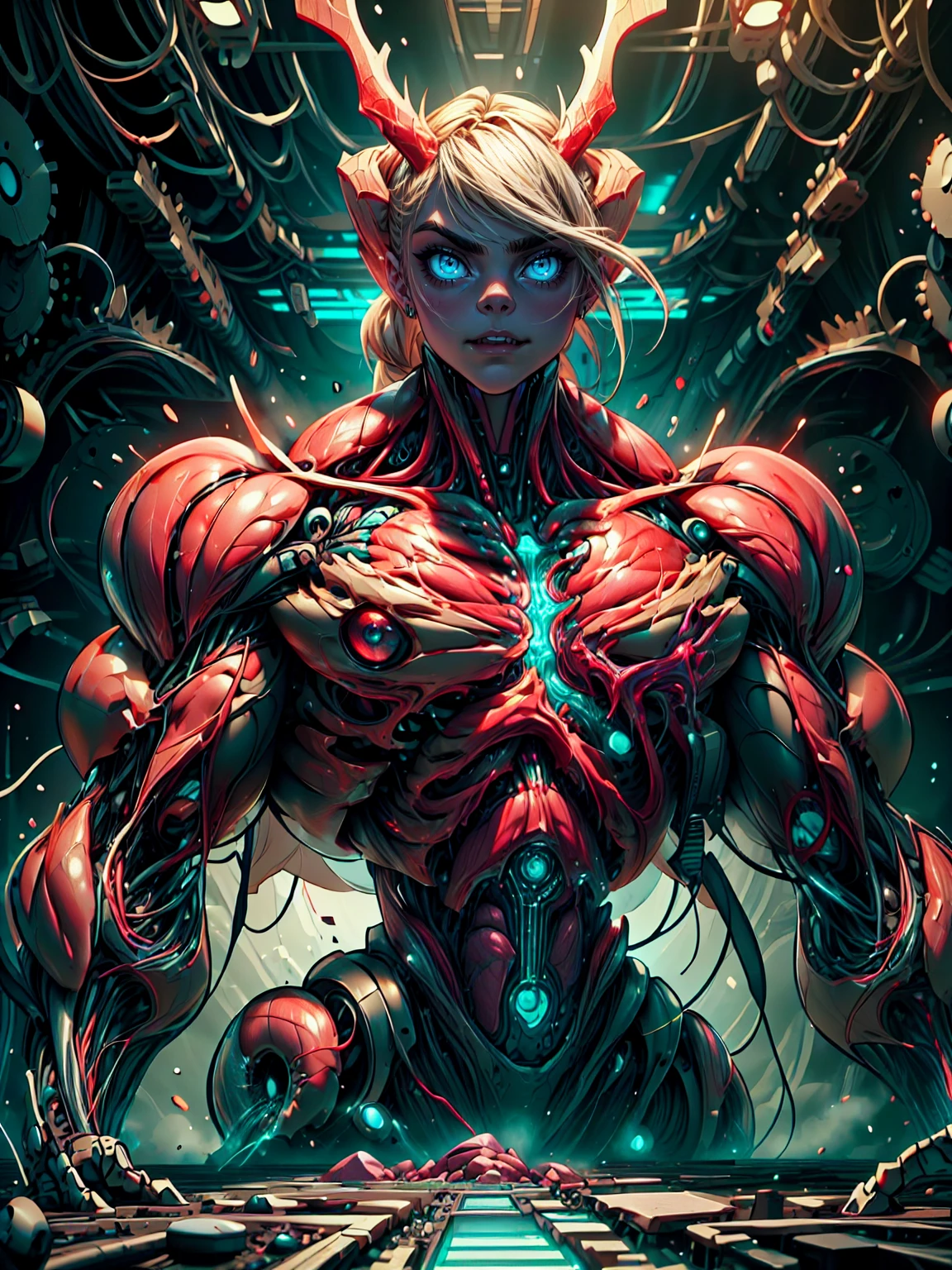 Cinematic, clear facial features and insanely detailed, the image captures the essence of cara delevingne as a muscular red skinless bio-mecha succubus with gigantic demon horns, carnage skinless muscular physique & carnage bio-mecha suit. The color grading is beautifully done, enhancing the overall cinematic feel. Unreal Engine makes her appearance even more mesmerizing. With depth of field (DOF), every detail is focused and accentuated, drawing attention to her eyes and hair. Peak image resolution utilizing super-resolution technology ensures pixel perfection. Cinematic lighting enhances her aura, while anti-aliasing techniques like FXAA and TXAA keep the edges smooth and clean. Adding realism to the muscular bio-mecha succubus , RTX technology enables ray tracing. Additionally, SSAO (Screen Space Ambient Occlusion) gives depth and realism to the scene, the girl's presence even more convincing. In the post-processing and post-production stages, tone mapping enhances the colors, creating a captivating visual experience. The integration of CGI (Computer-Generated Imagery) and VFX (Visual Effects brings out her demonic features seamlessly . Icredible level of detail, with intricate elements meticulously crafted, the artwork hyper maximalist and hyper-realistic. Volumetric effects add depth and dimension, with unparalleled photorealism. 8k resolution rendering ensures super detailed visuals. The volumetric lighting adds a touch of magic, highlighting her beauty and aura in an otherworldly way. High Dynamic Range (HDR) tech makes the colors pop, adding richness to the overall composition. Ultimately, this artwork presents an unreal, yet stunningly real portrayal of an incredibly beautiful bio-mecha succubus girl. The sharp focus ensures that every feature is crisply defined, creating a captivating presence. (beautiful girl face:1.45)